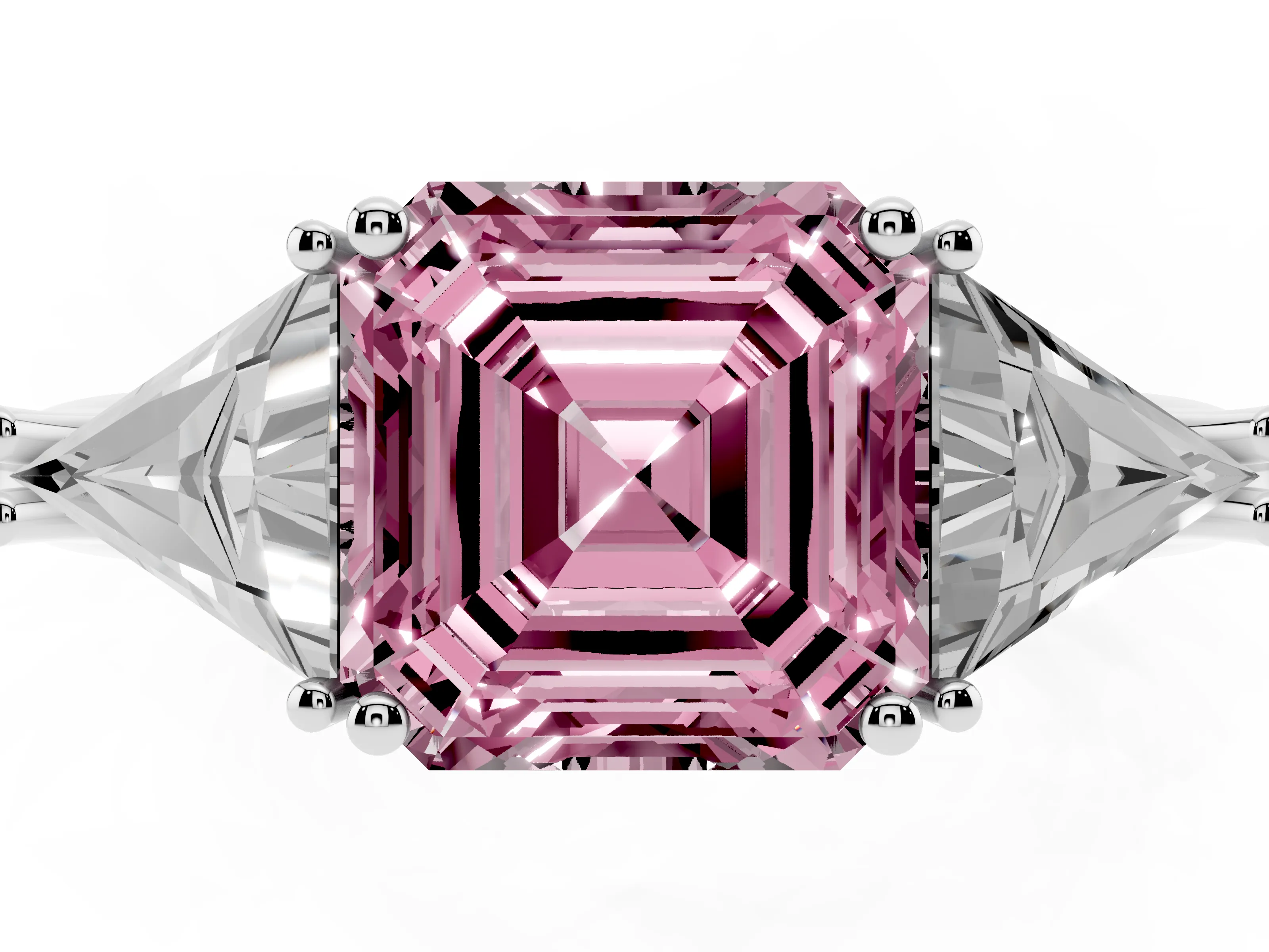 Fancy Pink Asscher Cut Diamond Three-Stone Engagement Ring Set in White gold with Trillion Side Stones