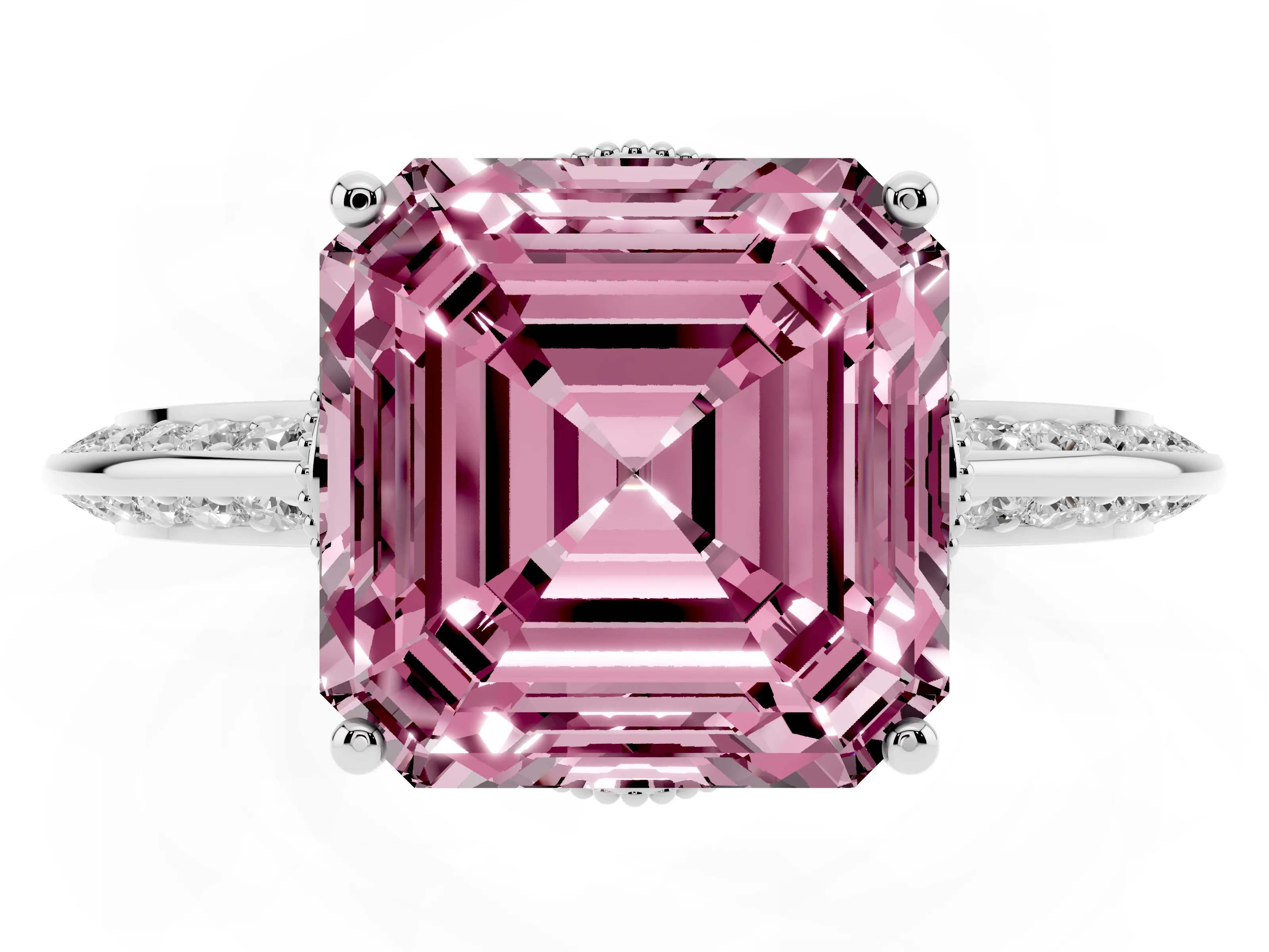 Fancy Pink Asscher Cut Diamond Solitaire Engagement Ring Set in Silver with Pavé Split Shank and Prong Setting