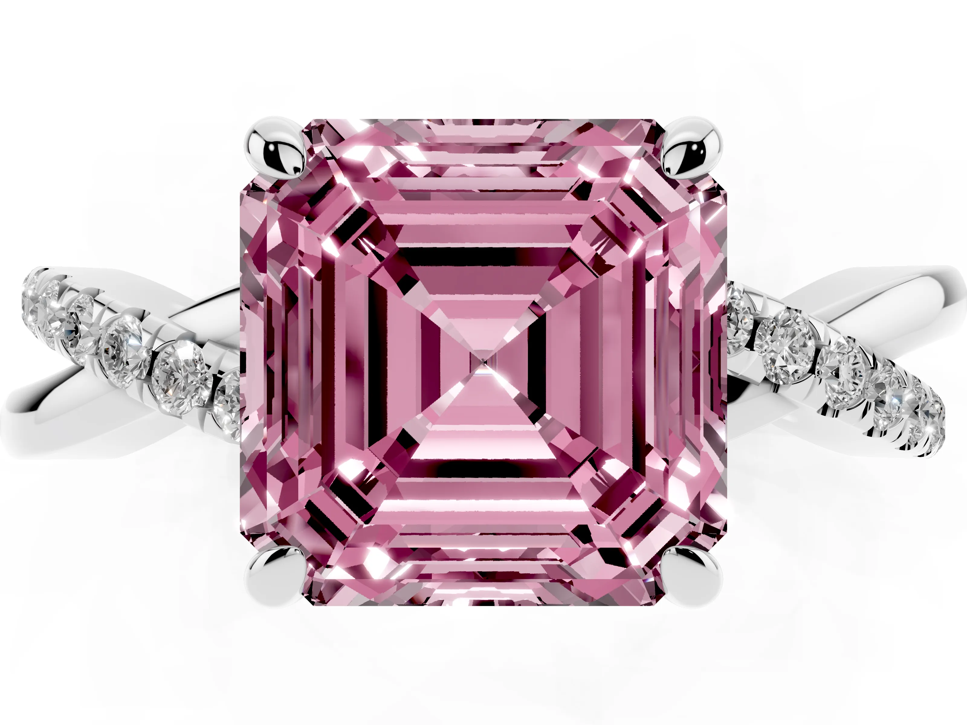 Fancy Pink Asscher Cut Diamond Twist Band Pavé Solitaire Ring Set in Platinum with Prong Setting