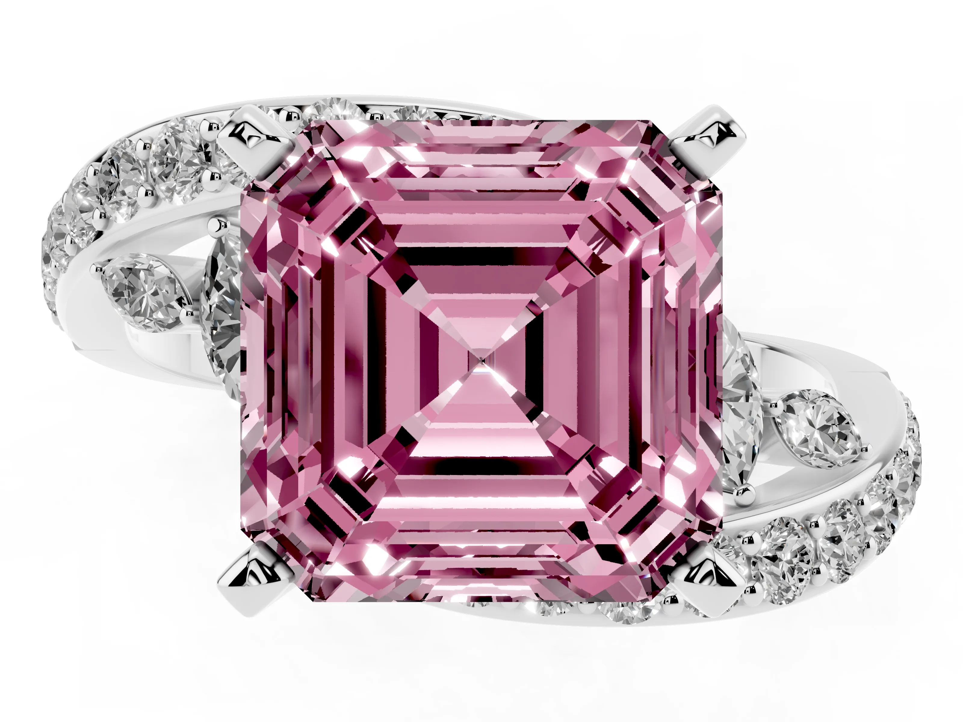 Fancy Pink Asscher Cut Diamond Solitaire Ring Set in Platinum with Pavé Twist Band and Secure Prong Setting
