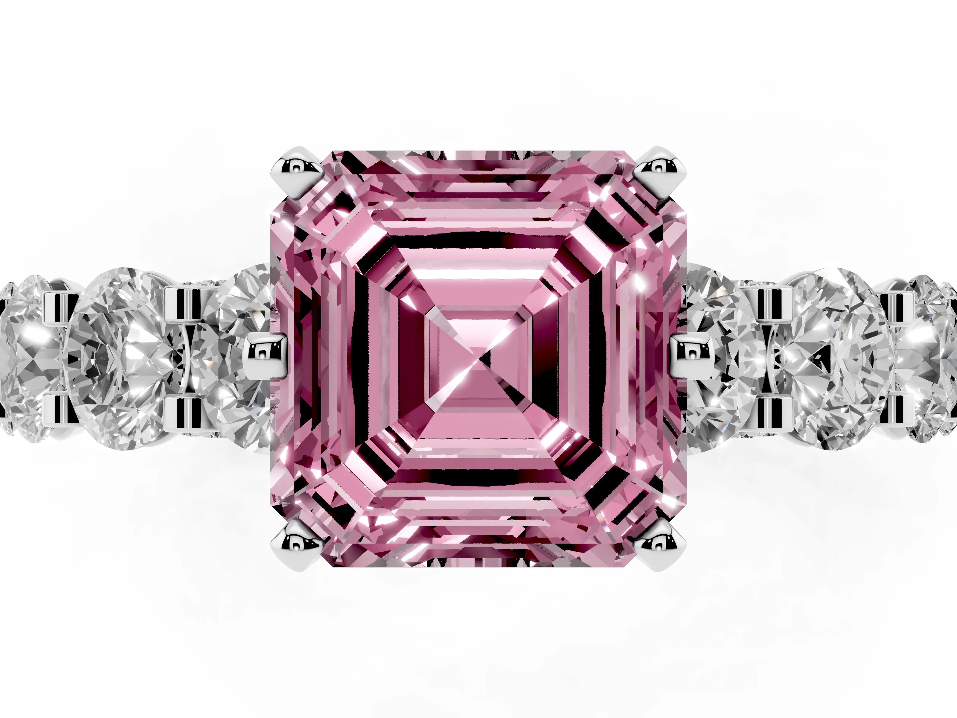 Fancy Pink Asscher Cut Diamond Side Stone Ring Set in White gold with Alternating Round and Oval Side Stones