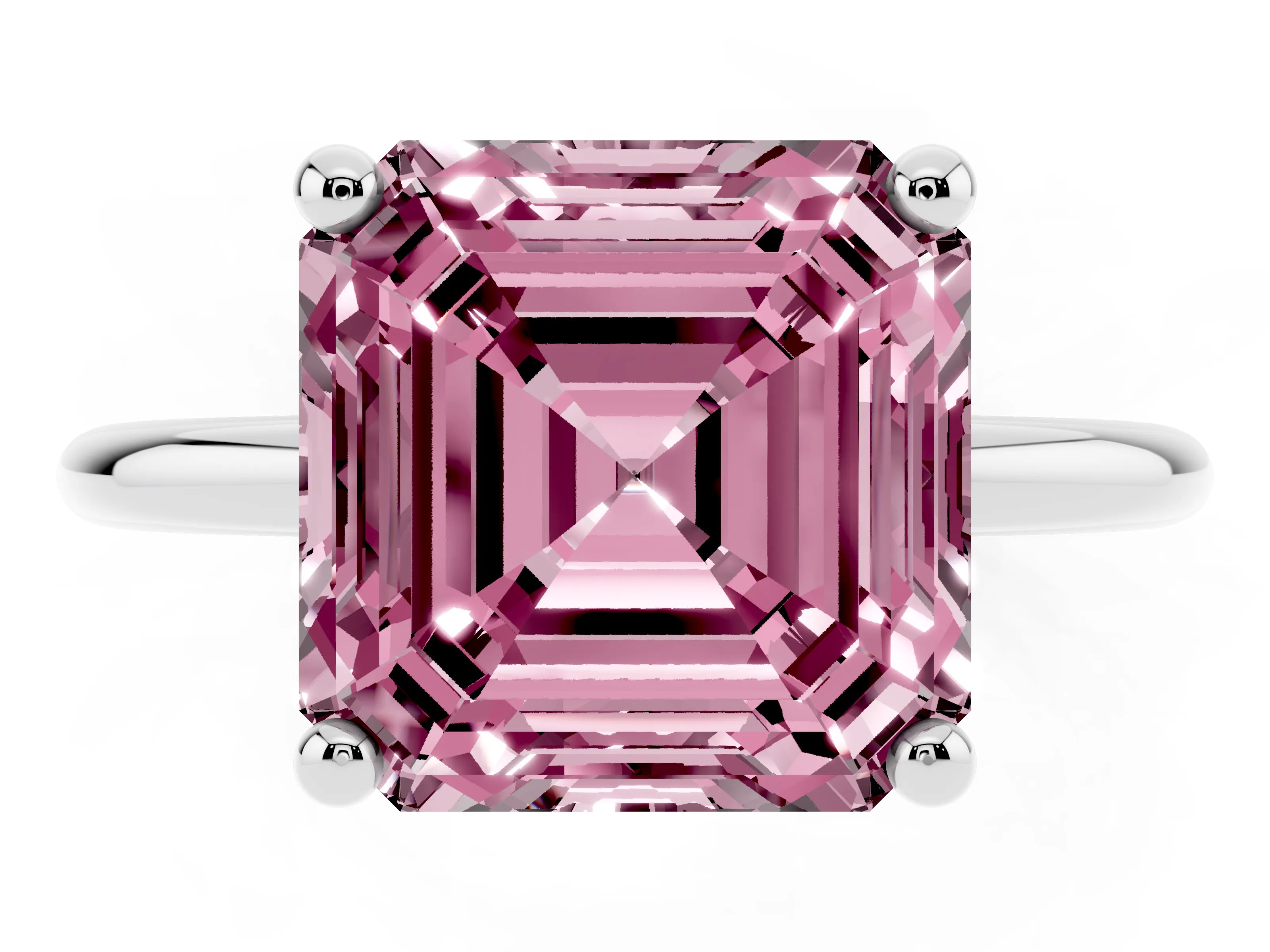 Fancy Pink Asscher Cut Diamond Solitaire Ring Set in Platinum with Secure Prong Setting on a Classic Band