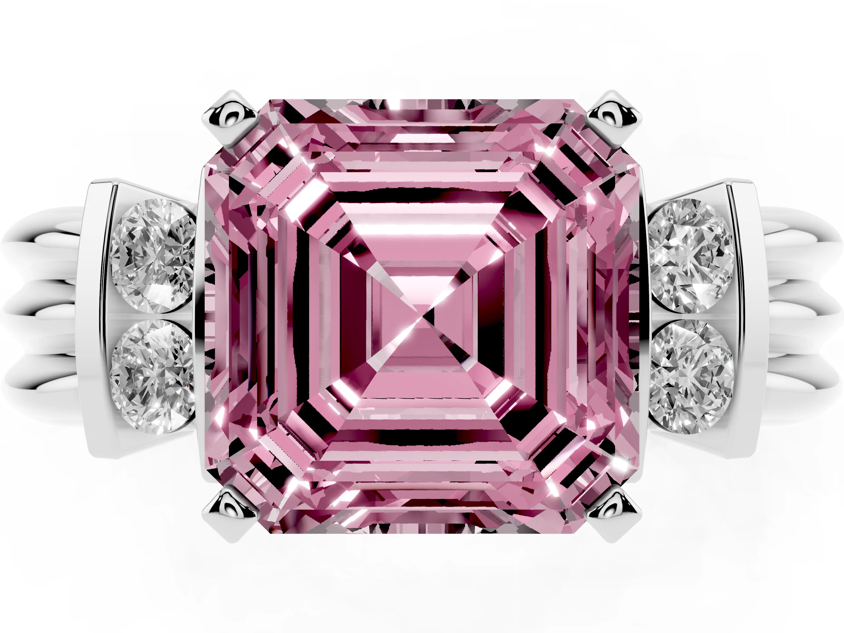 Fancy Pink Three-Stone Asscher Cut Diamond Channel Set Ring Set in Silver with Bar Prongs