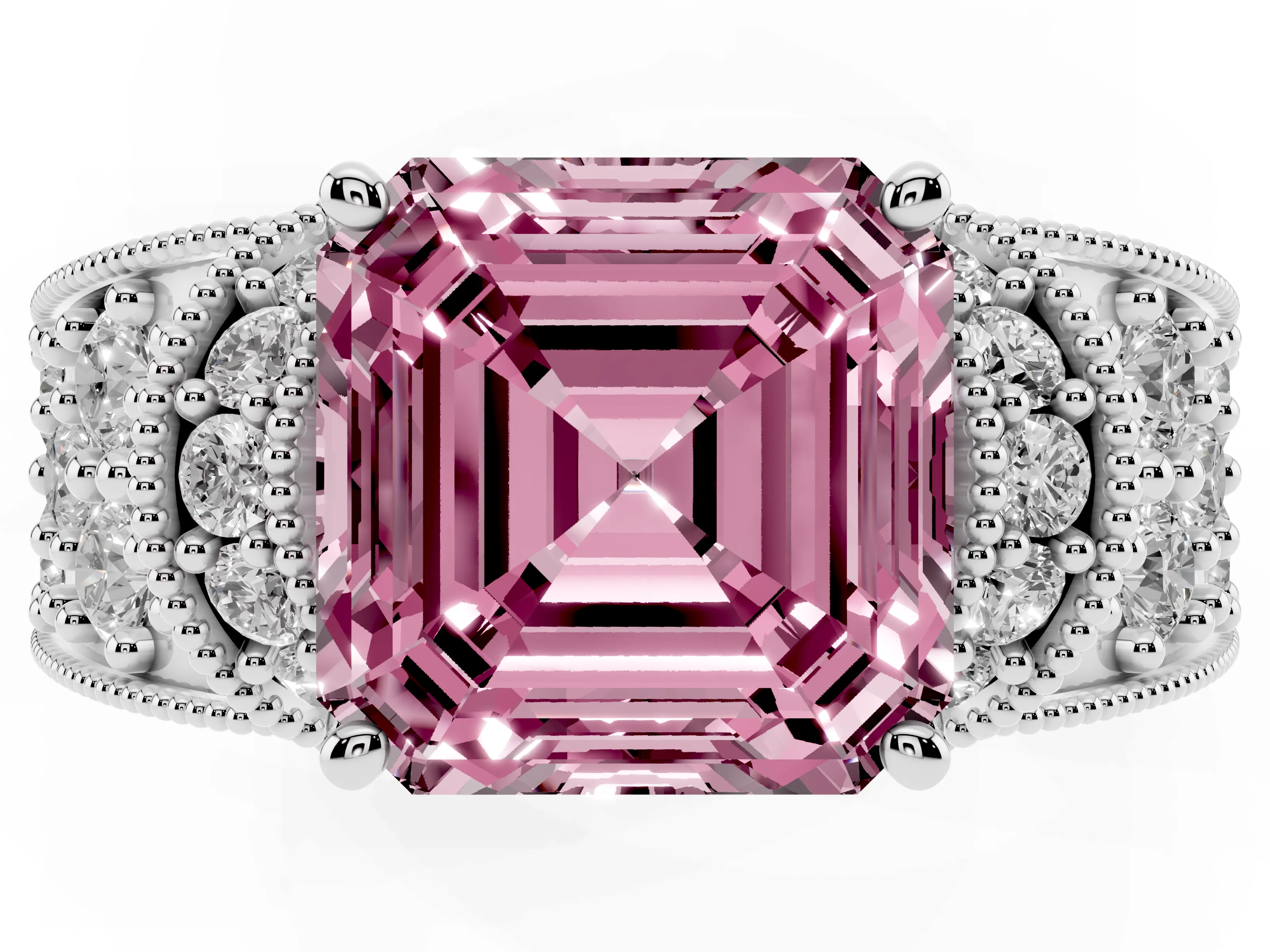 Fancy Pink Asscher Cut Diamond Milgrain Halo Pavé Engagement Ring Set in Silver with Prong Setting