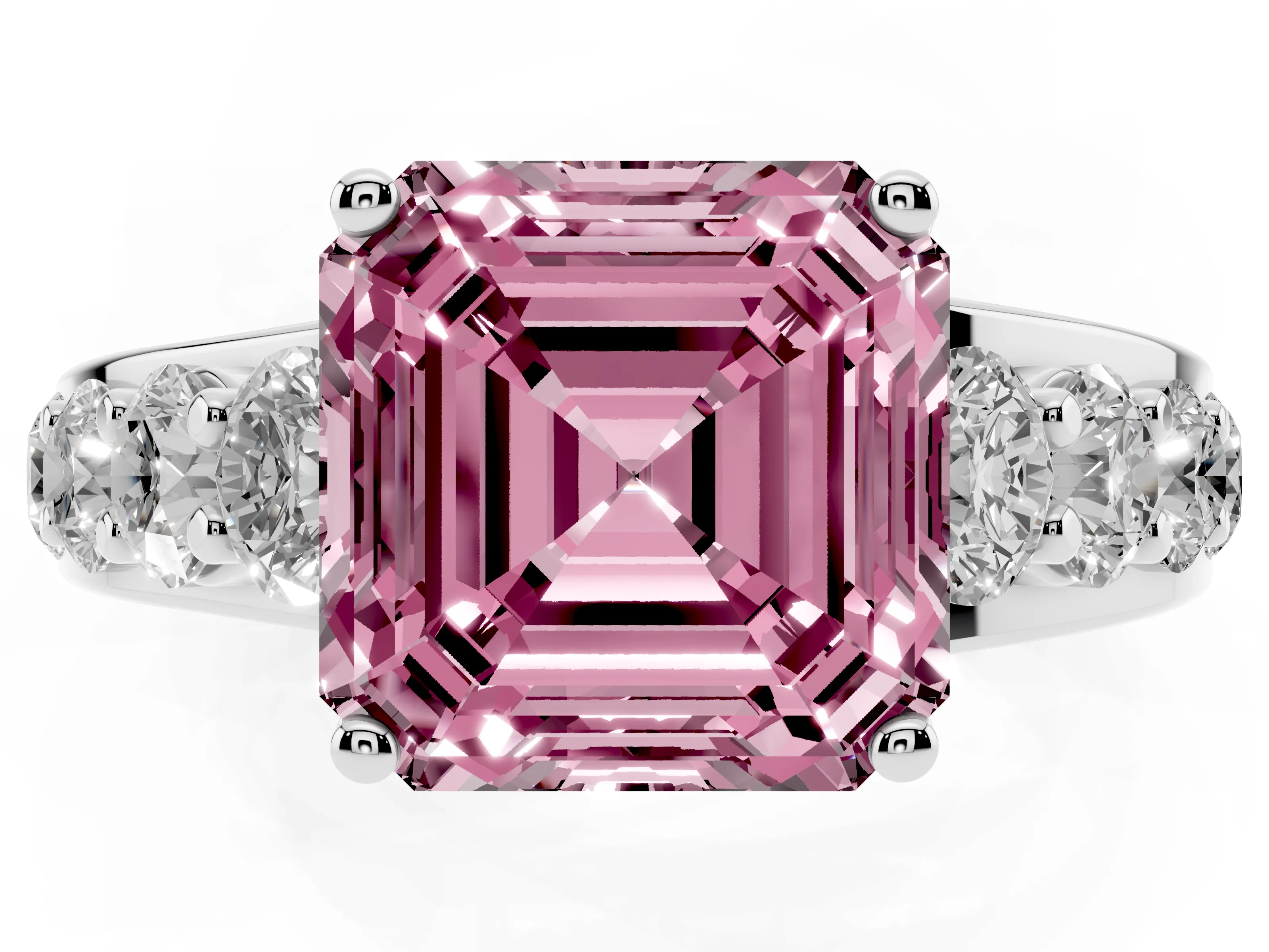 Fancy Pink Asscher Cut Diamond Pavé Engagement Ring Set in Platinum with Prong Setting