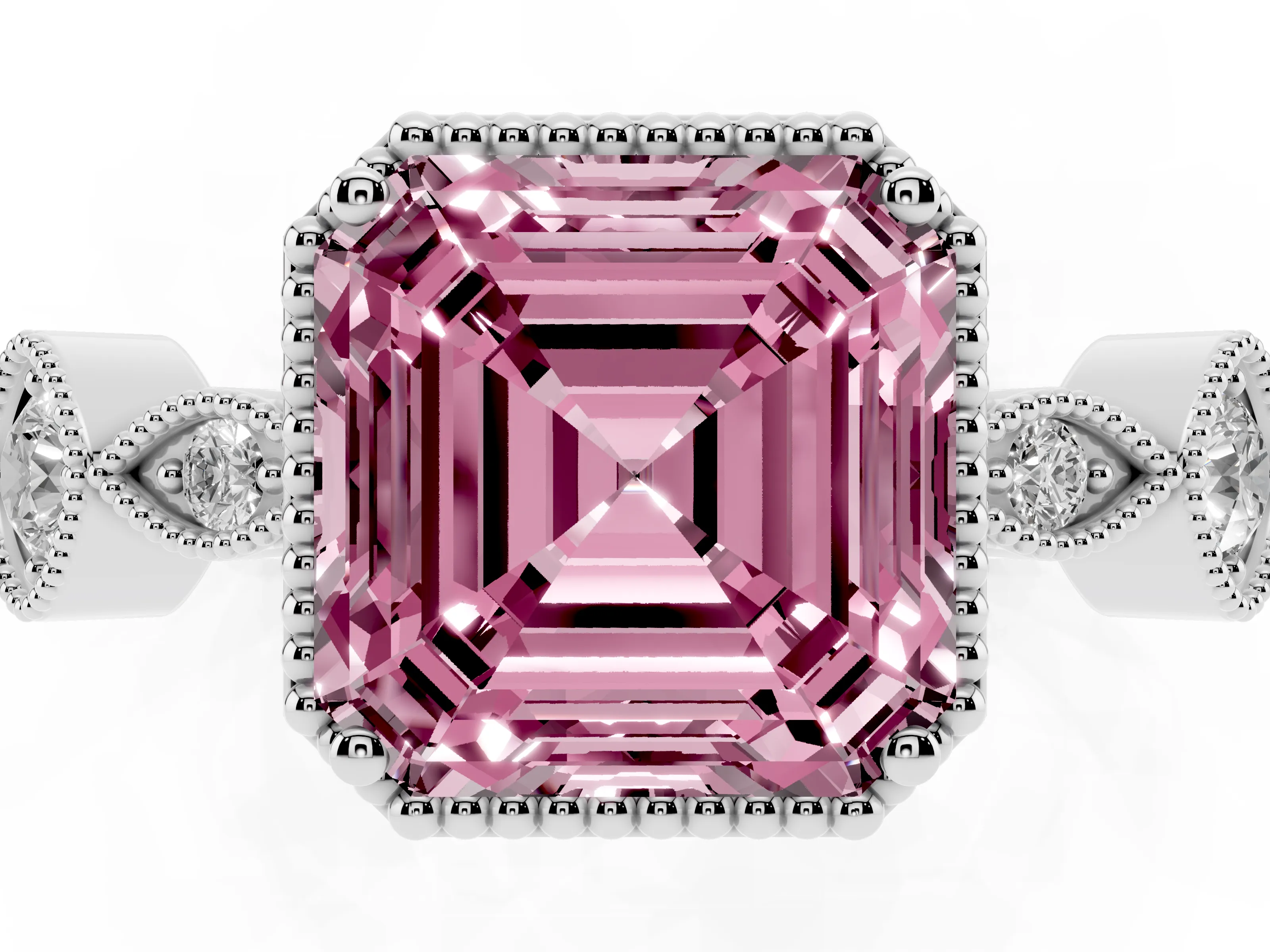 Fancy Pink Asscher Cut Diamond Vintage-Inspired Milgrain Ring Set in Platinum with Marquise Stations of Round Accents