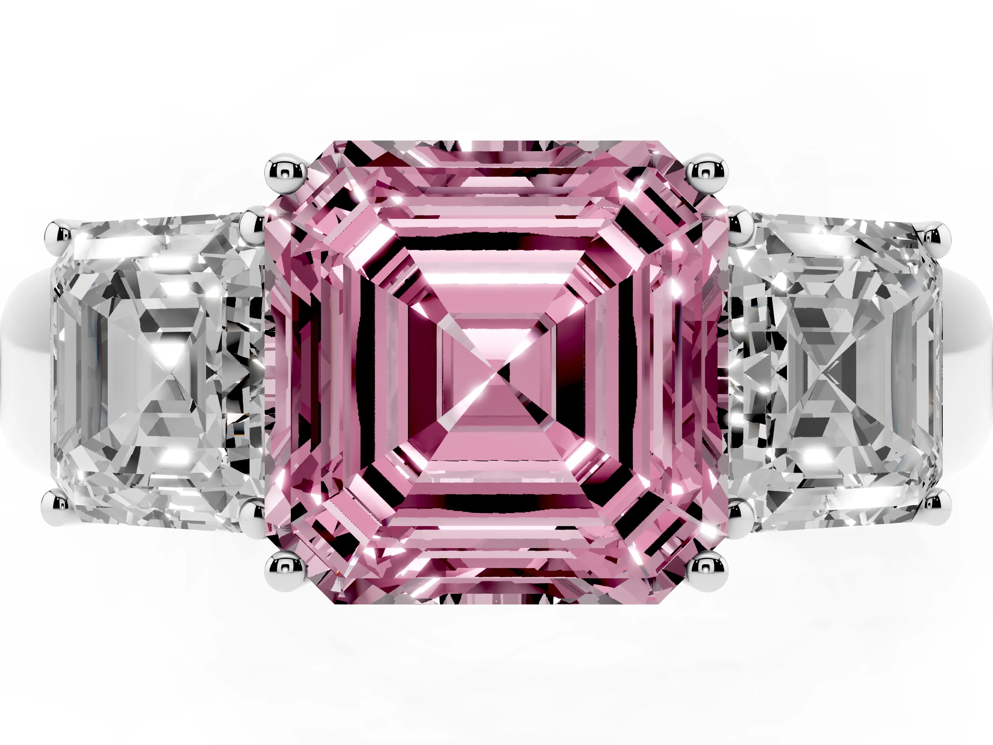 Fancy Pink Three-Stone Asscher Cut Diamond Ring Set in White gold with Matching Prong Settings and Plain Band