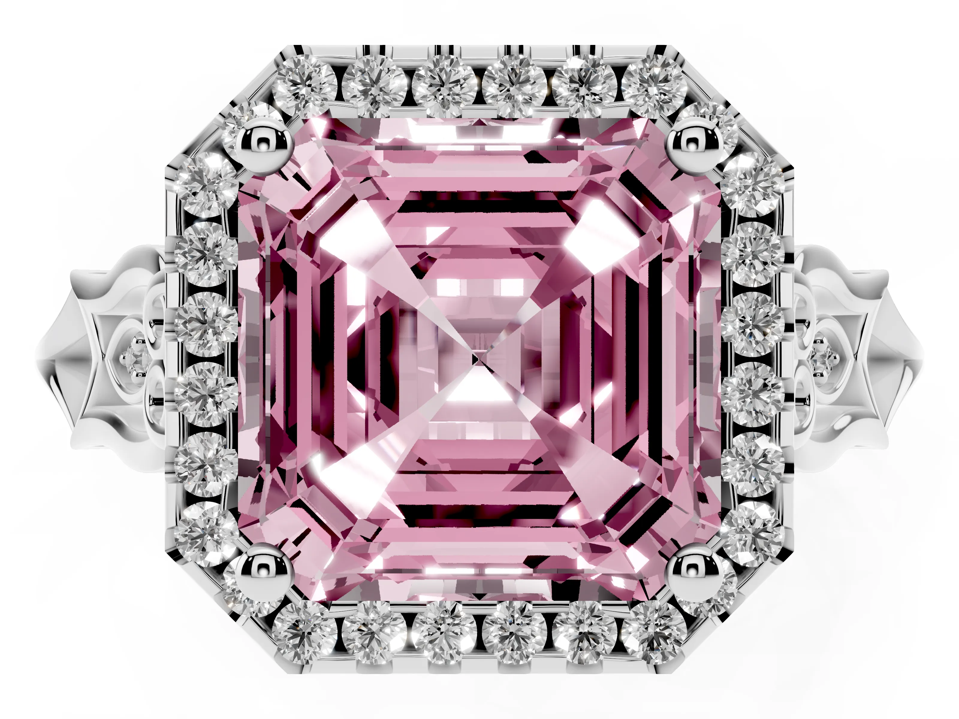 Fancy Pink Asscher Cut Diamond Halo Engagement Ring Set in Silver with Filigree Band and Prong-Set Center