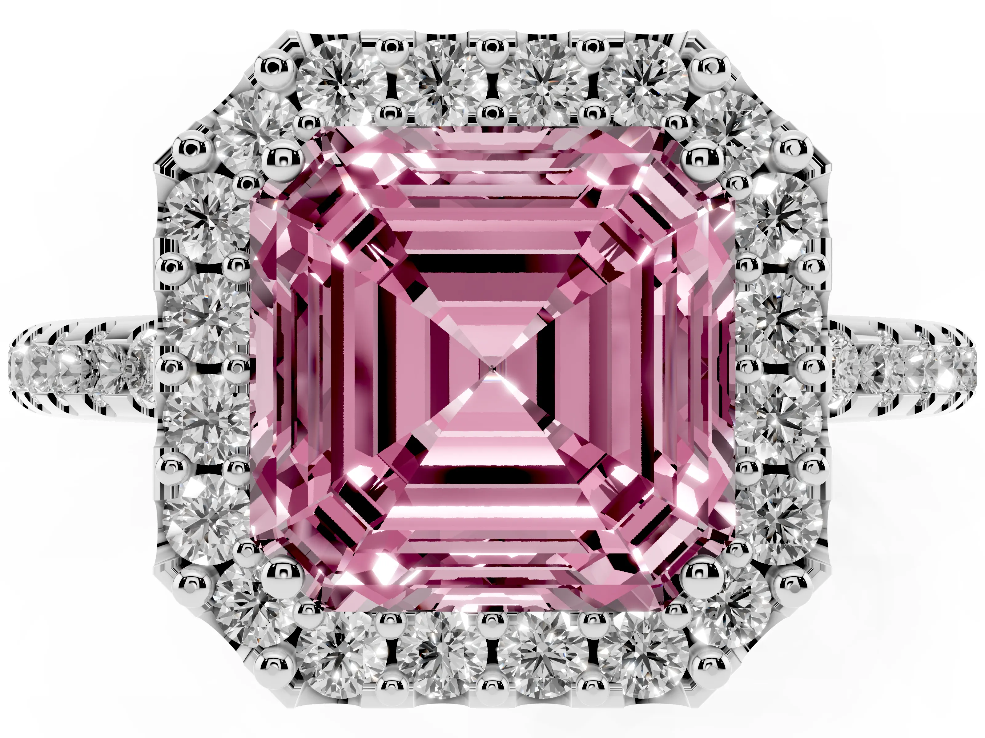 Fancy Pink Asscher Cut Diamond Pavé Halo Ring Set in Platinum with Prong Setting