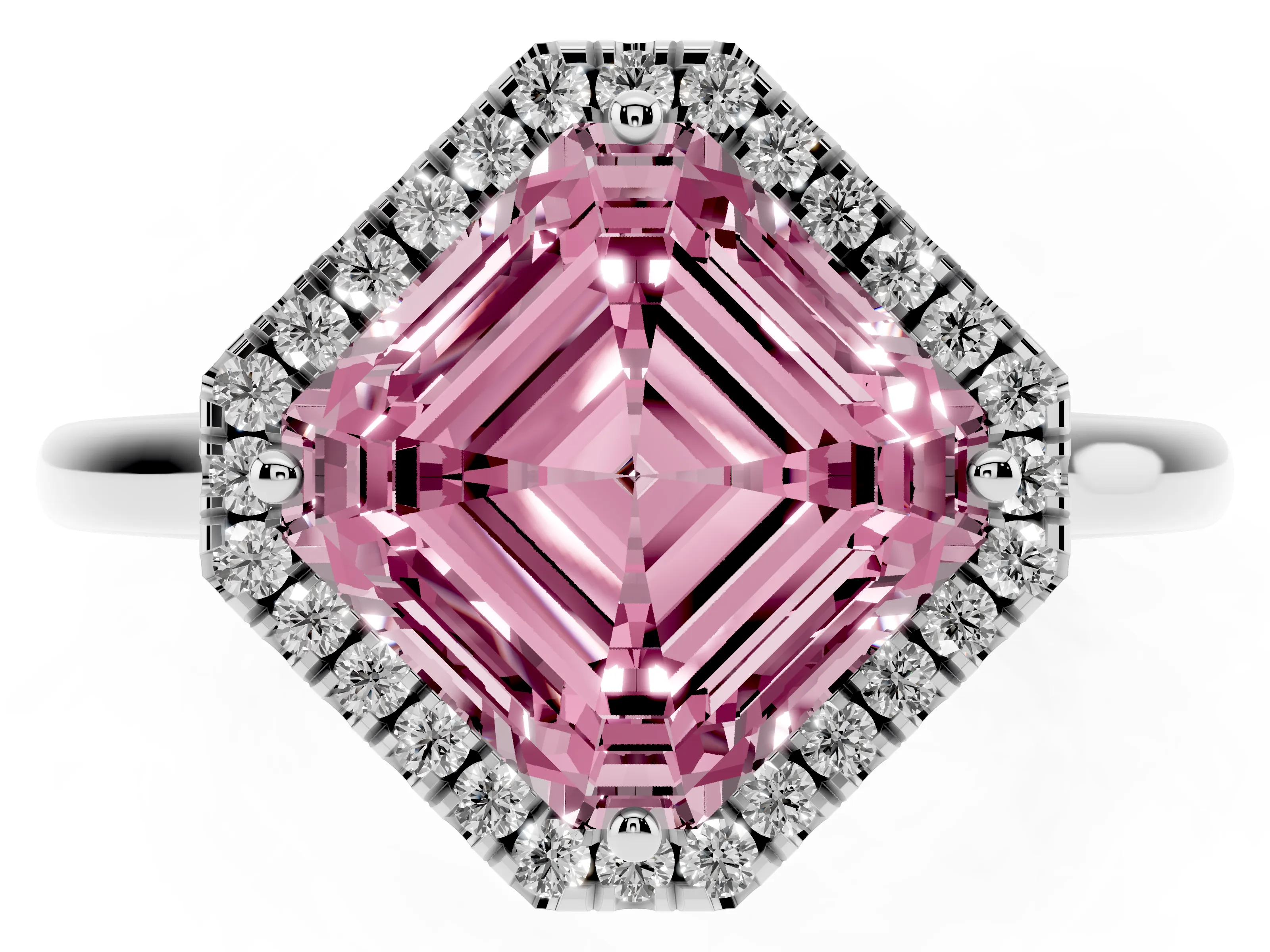 Fancy Pink Asscher Cut Diamond Halo Engagement Ring Set in White gold with Pavé Band and Rising Shoulders