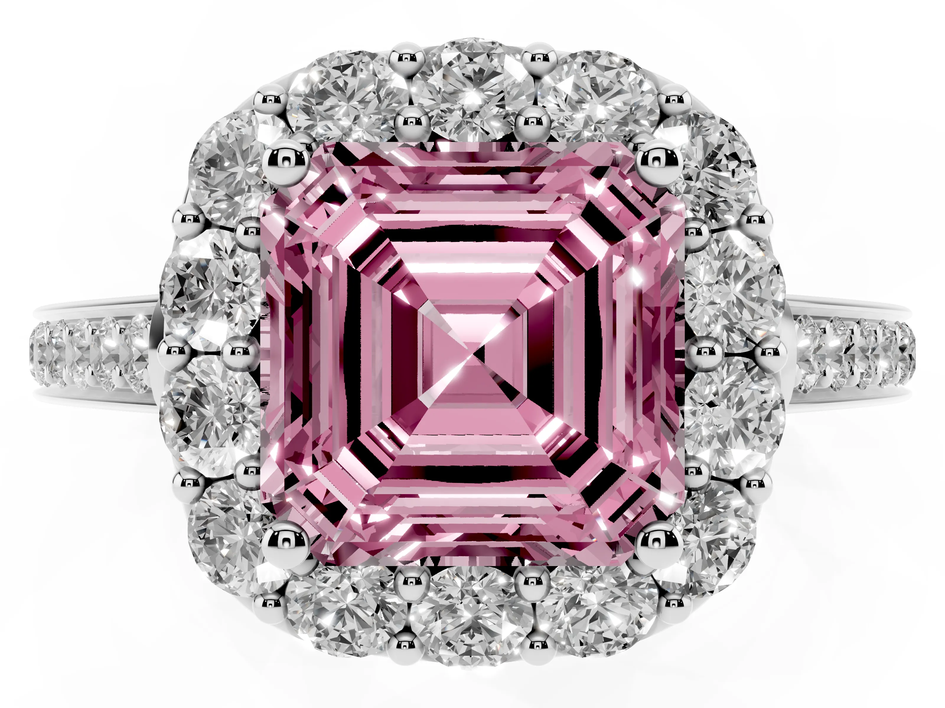 Fancy Pink Asscher Cut Diamond Floral Halo Ring Set in Platinum with Pavé Band and Prong Setting