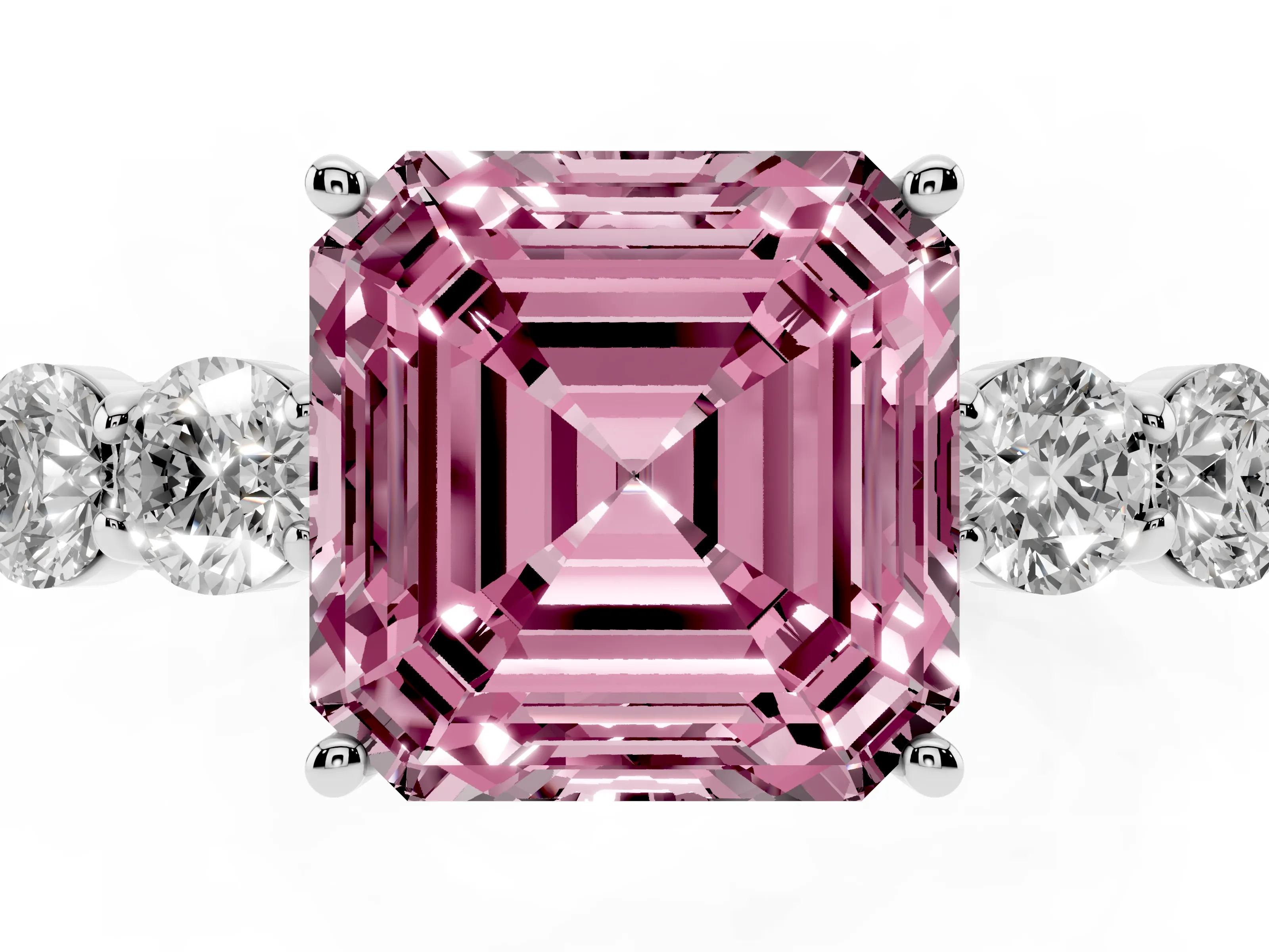 Fancy Pink Asscher Cut Diamond Five-Stone Prong Set Band Ring Set in Platinum with Polished Band