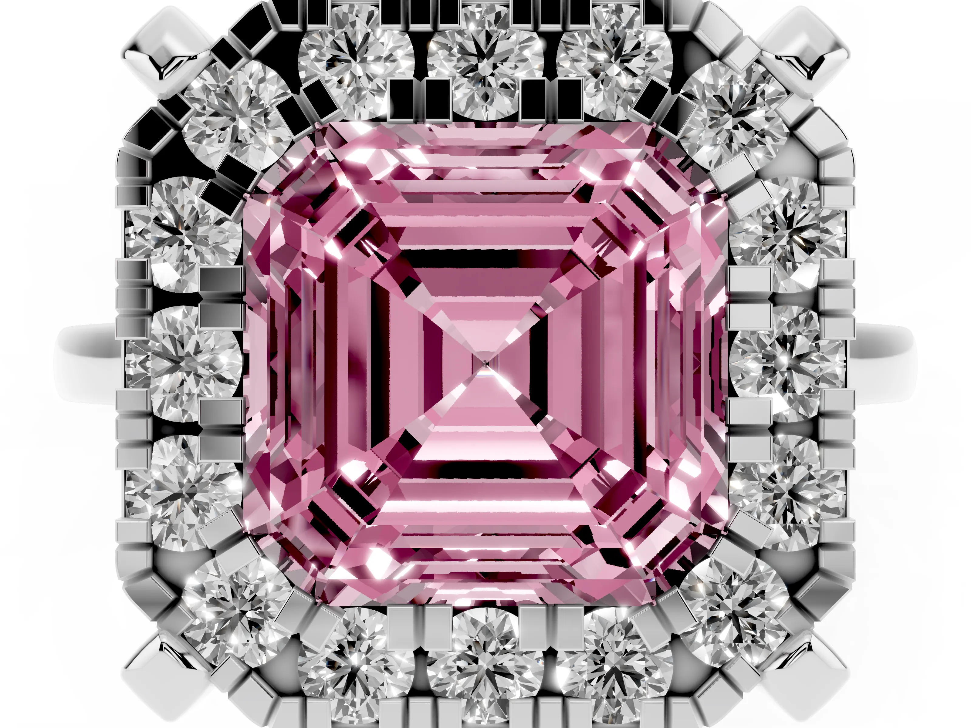 Fancy Pink Asscher Cut Diamond Cluster Halo Solitaire Ring Set in Silver with Prong Setting