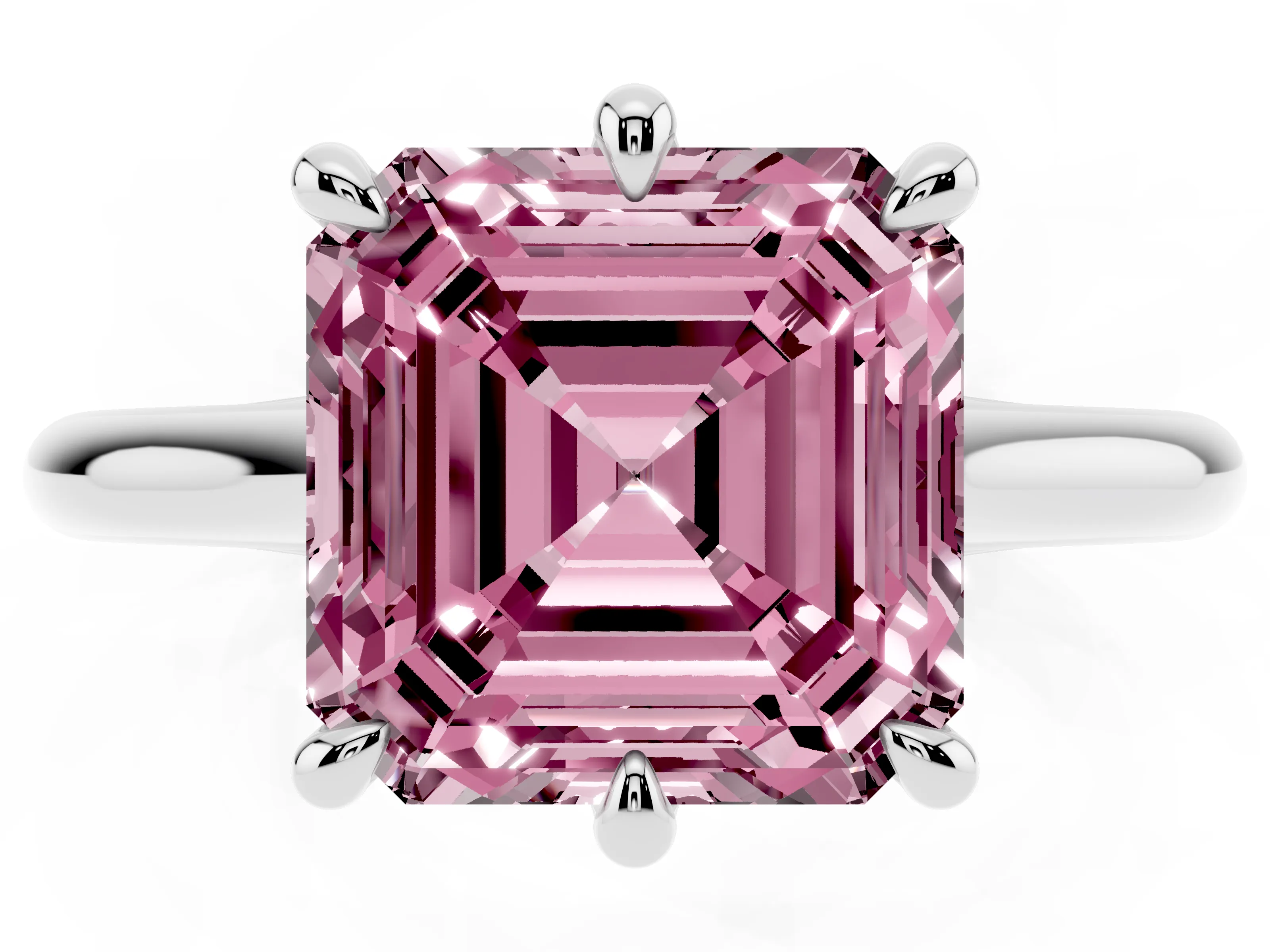 Fancy Pink Asscher Cut Diamond Solitaire Engagement Ring Set in Platinum with Prong Setting and Plain Classic Band