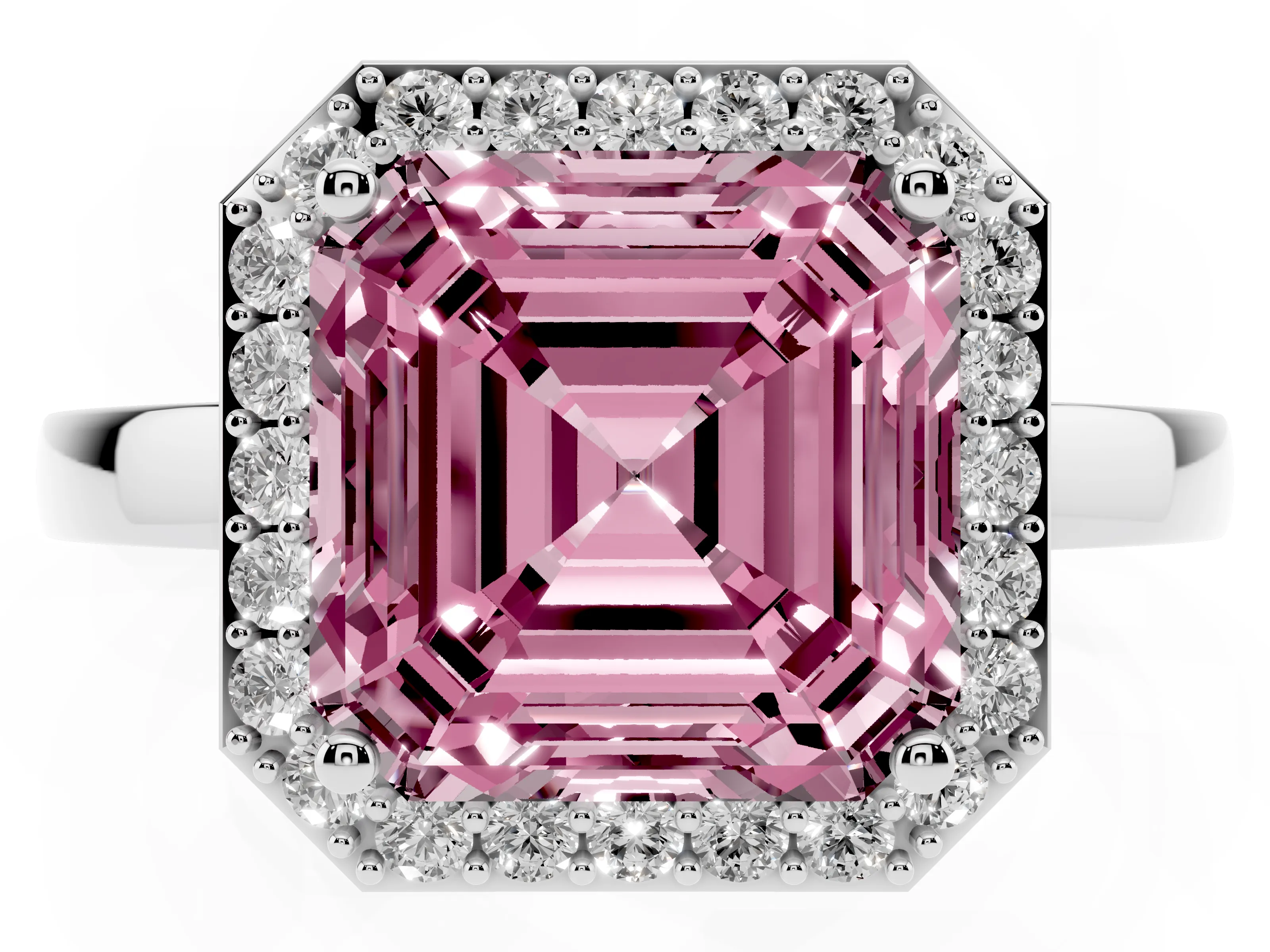Fancy Pink Asscher Cut Diamond Halo Ring Set in Platinum with Solitaire Band and Prong Setting