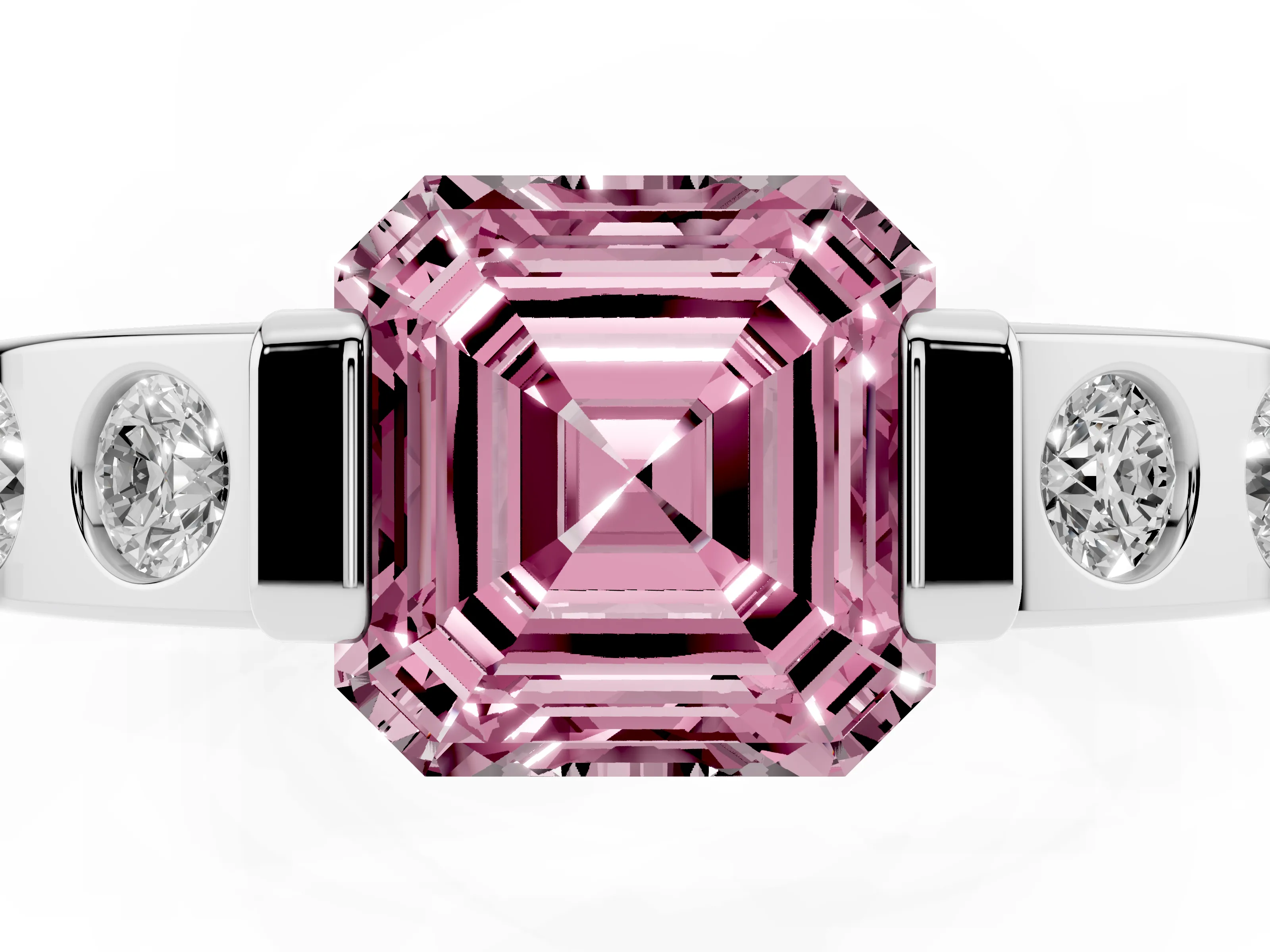 Fancy Pink Asscher Cut Diamond Channel-Set Band Ring Set in Silver with Bezel Prong Setting