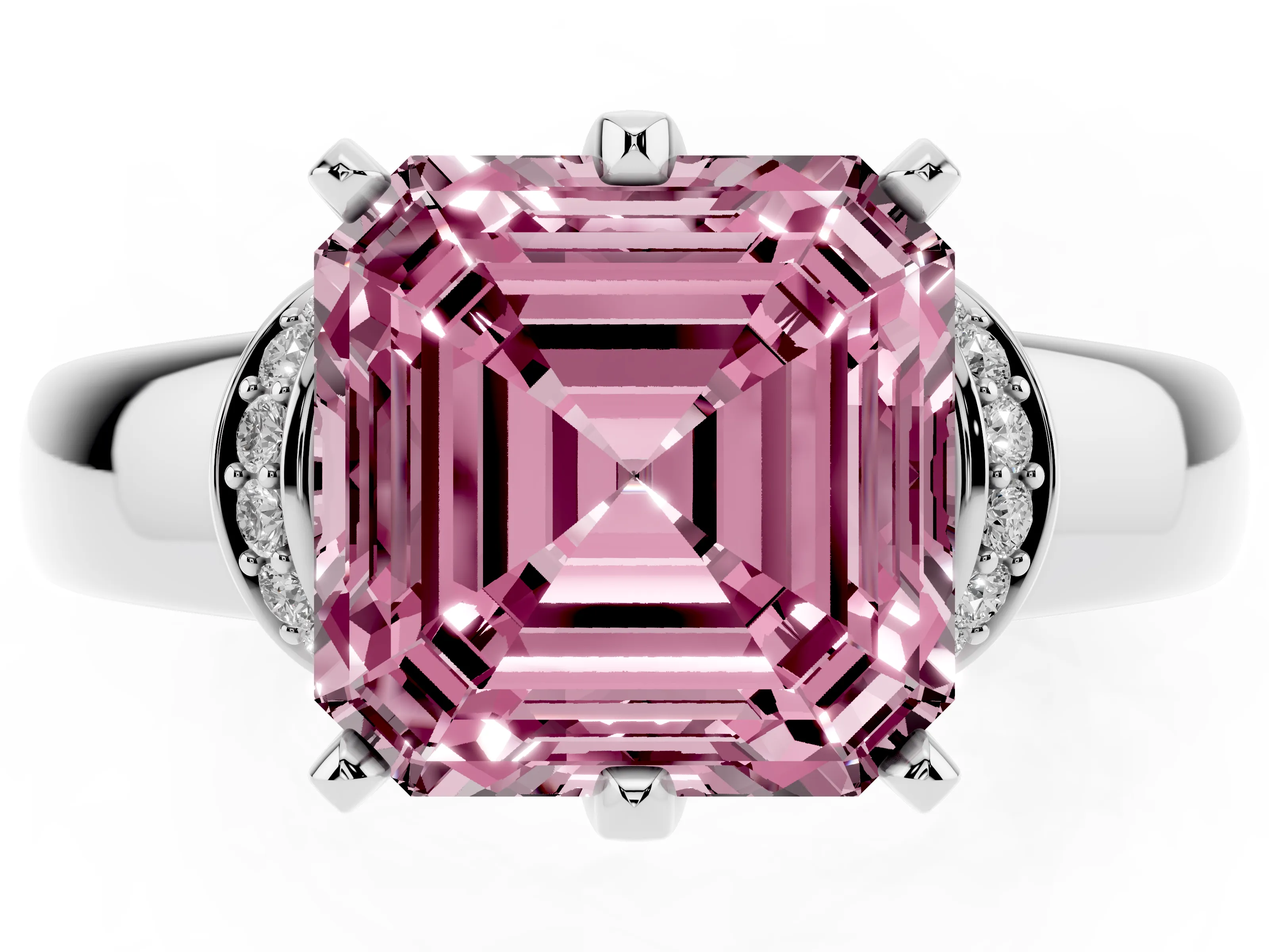 Fancy Pink Asscher Cut Diamond Pavé Band Solitaire Ring Set in Silver with Prong Setting