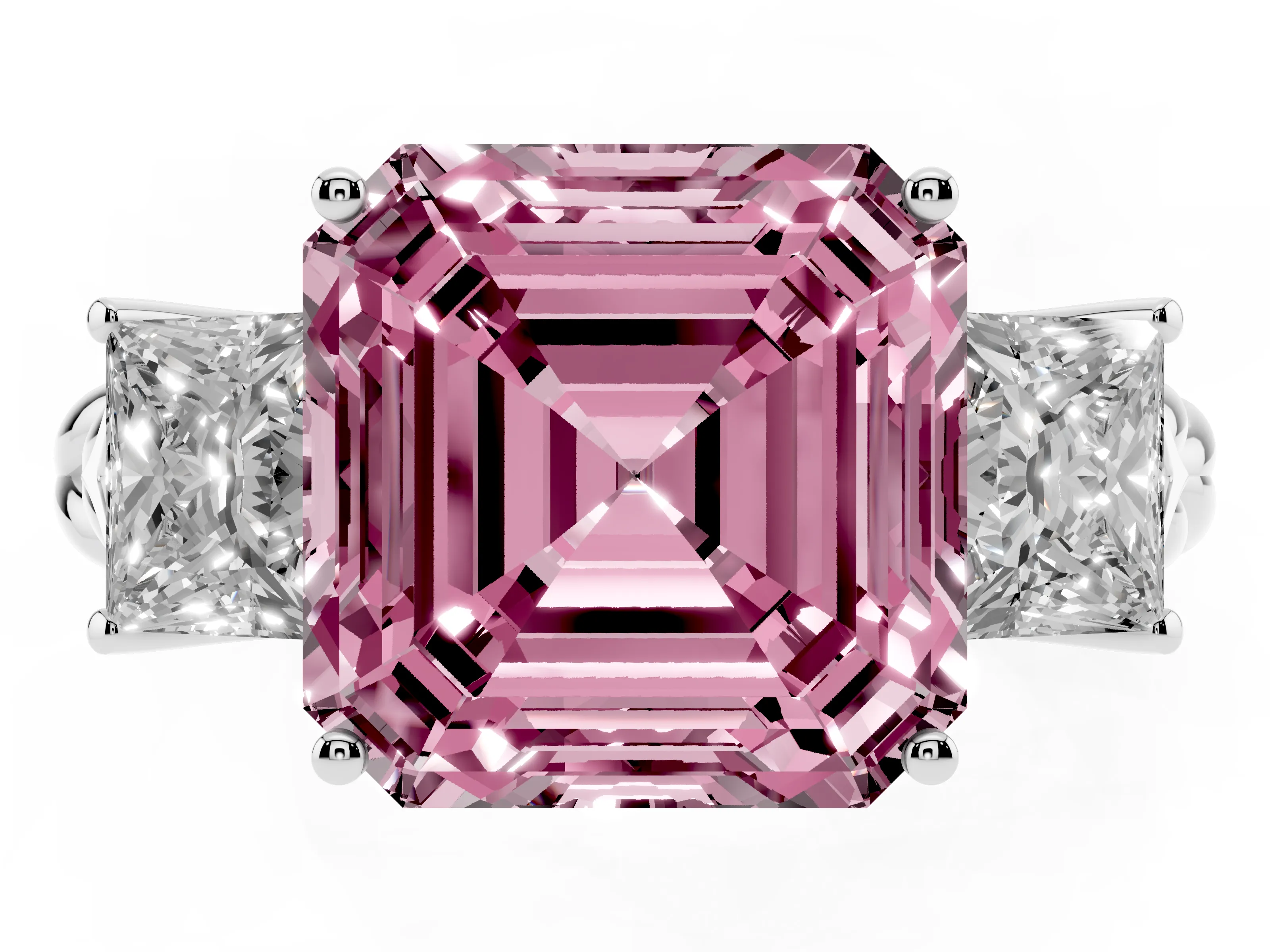 Fancy Pink Asscher Cut Diamond Three-Stone Ring Set in White gold with Braided Band