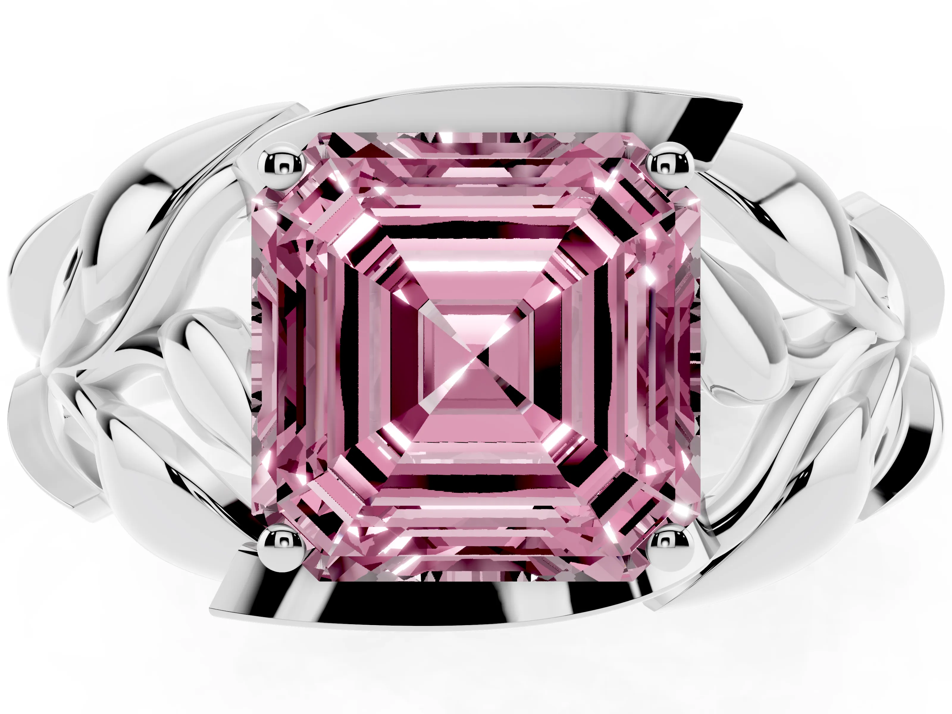 Fancy Pink Asscher Cut Diamond Leaf-Inspired Engagement Ring Set in Silver with Round Accents