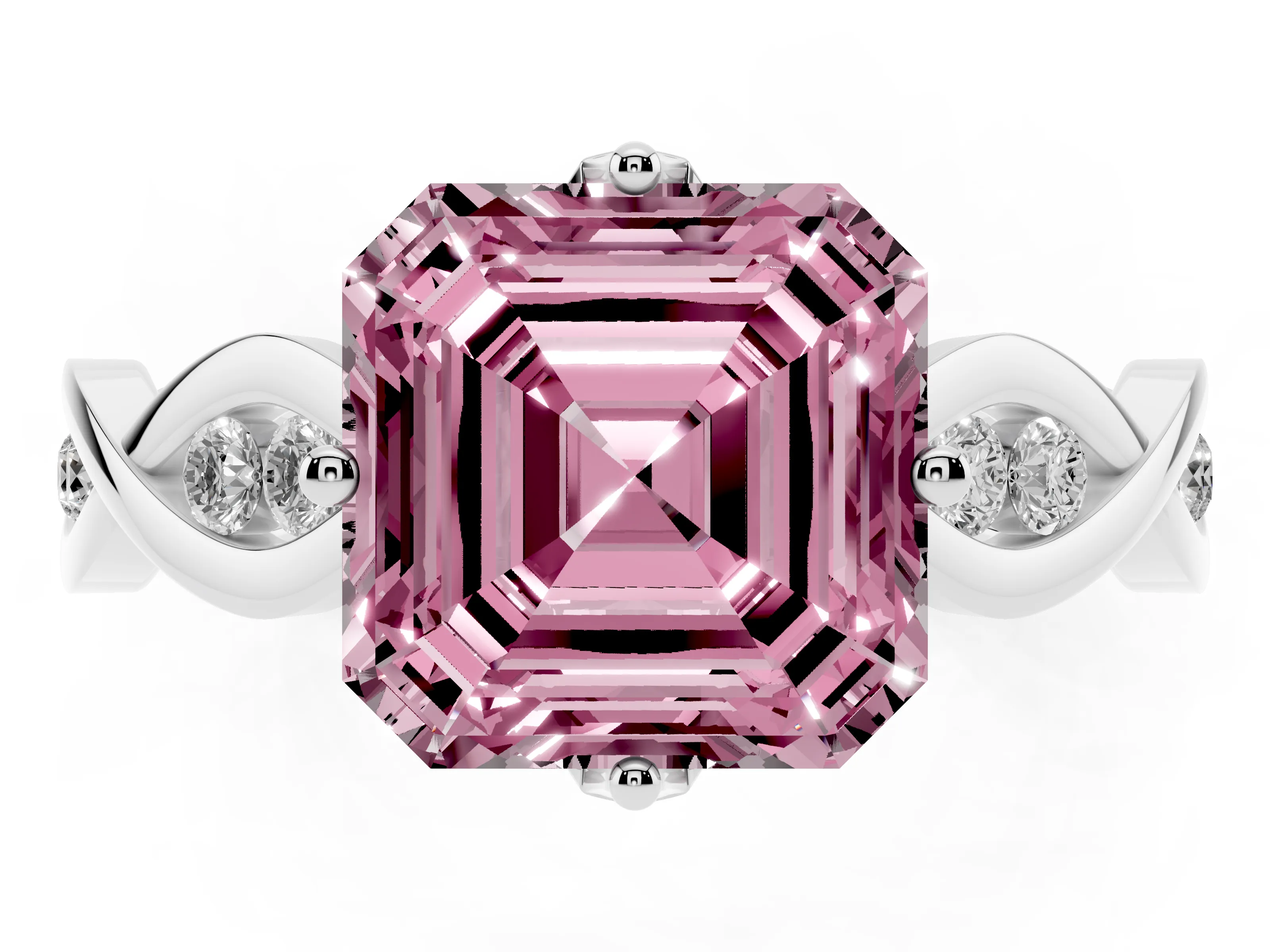 Fancy Pink Asscher Cut Diamond Twist Band Solitaire Ring Set in Platinum with Leaf Prong Setting and Accent Stones