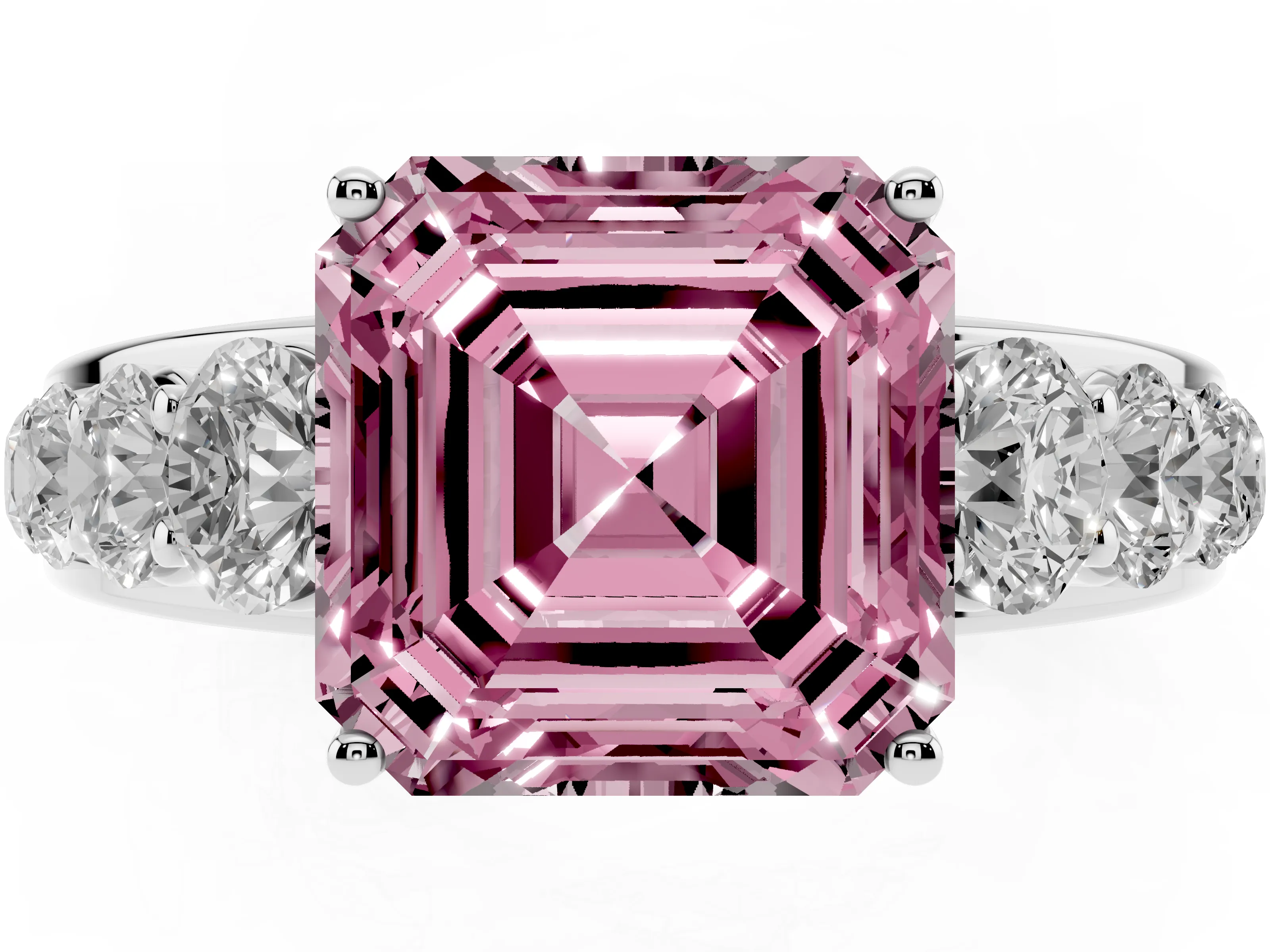 Fancy Pink Asscher Cut Diamond Solitaire Ring Set in White gold with Pavé-Set Band and Prong Setting