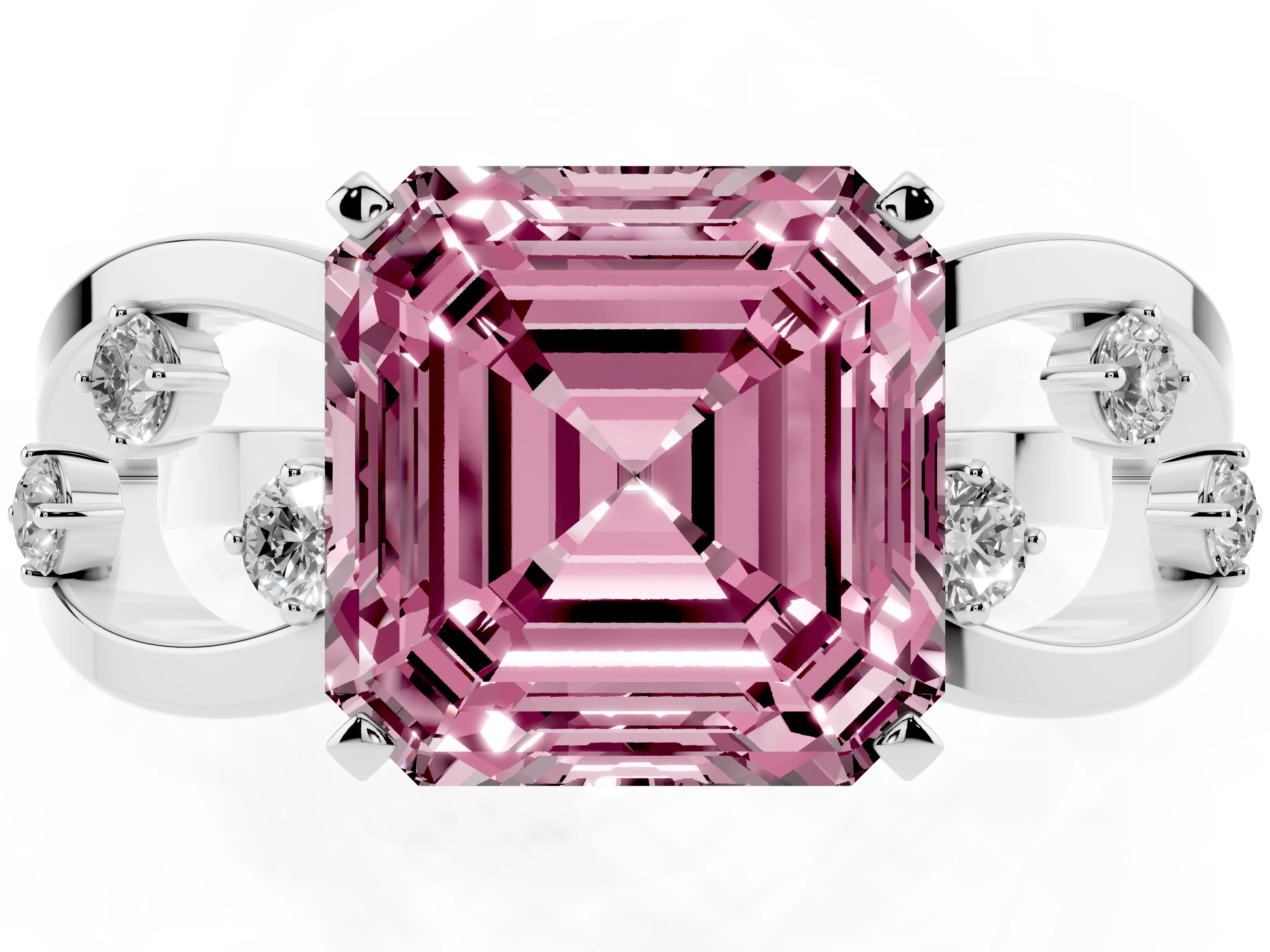 Fancy Pink Asscher Cut Diamond Solitaire Ring Set in Silver with Side Stones on Criss-Cross Band and Prong Setting