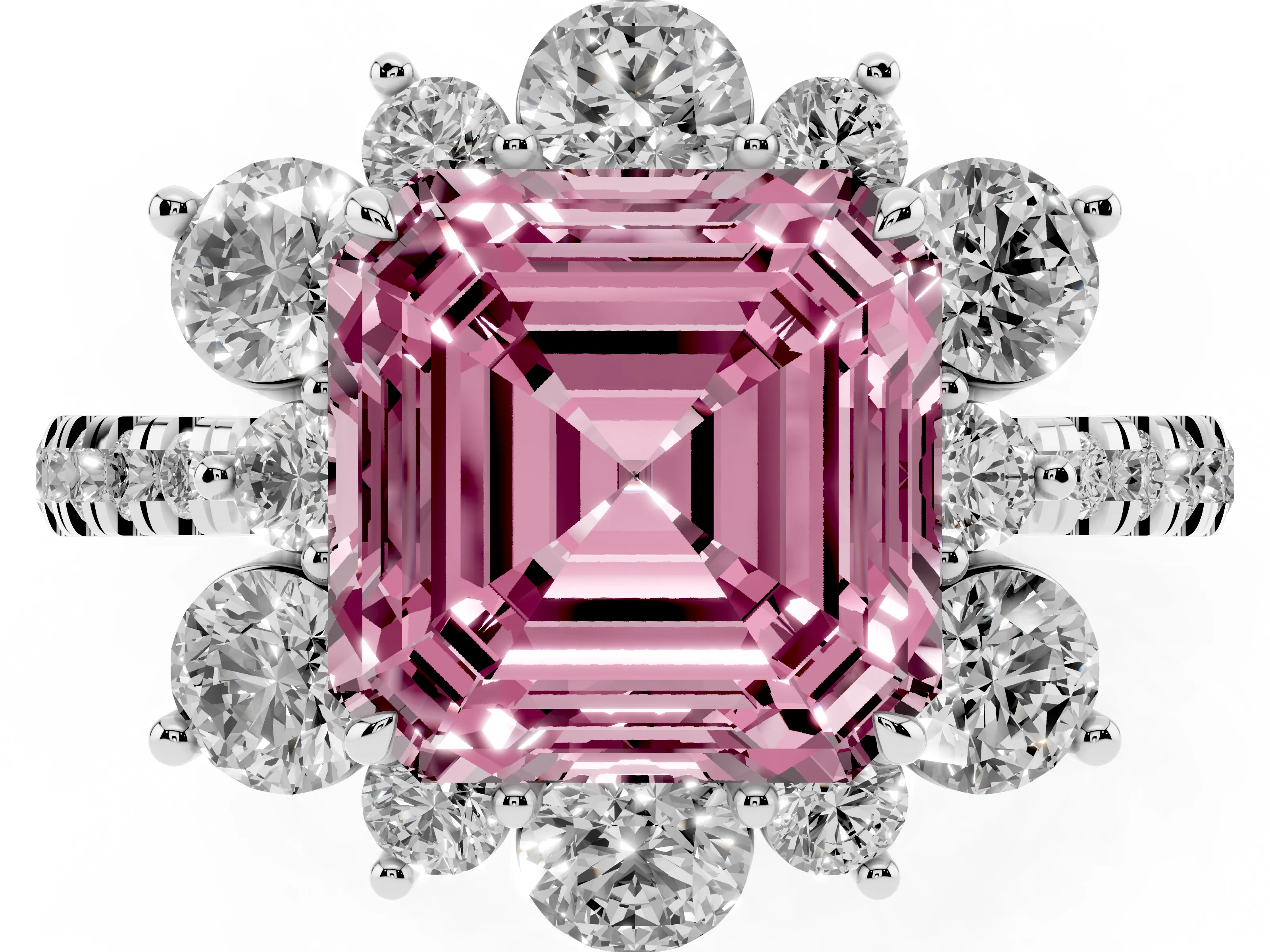 Fancy Pink Asscher Cut Diamond Floral Halo Ring Set in White gold with Round Pavé Band and Prong Setting