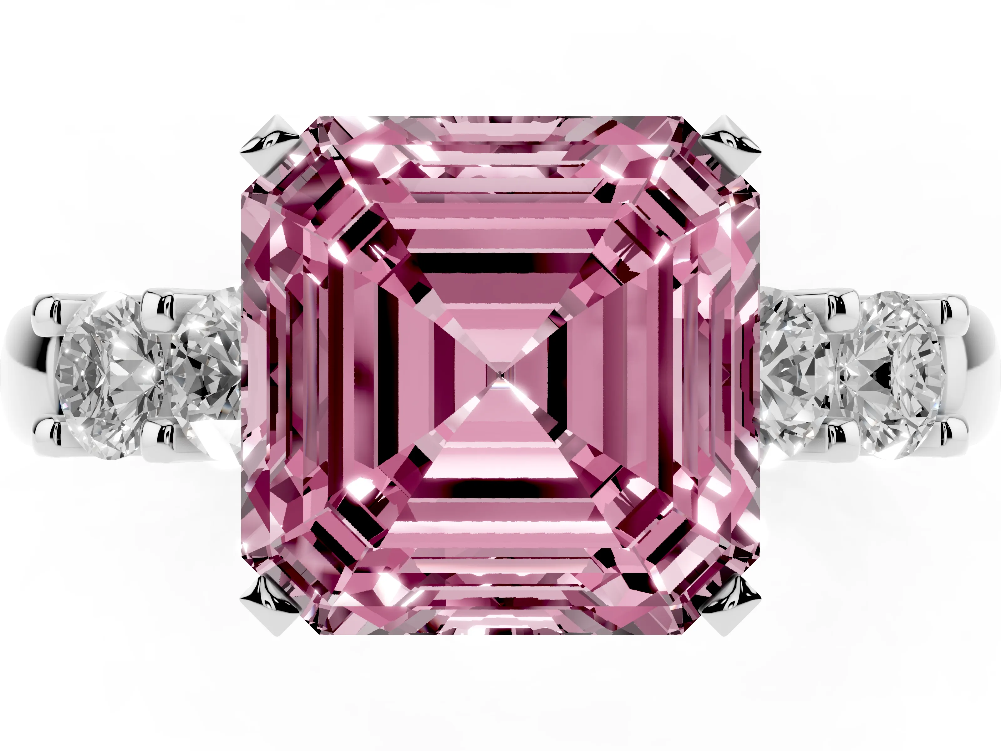 Fancy Pink Asscher Cut Diamond Five-Stone Prong Set Engagement Ring Set in White gold with Channel Band