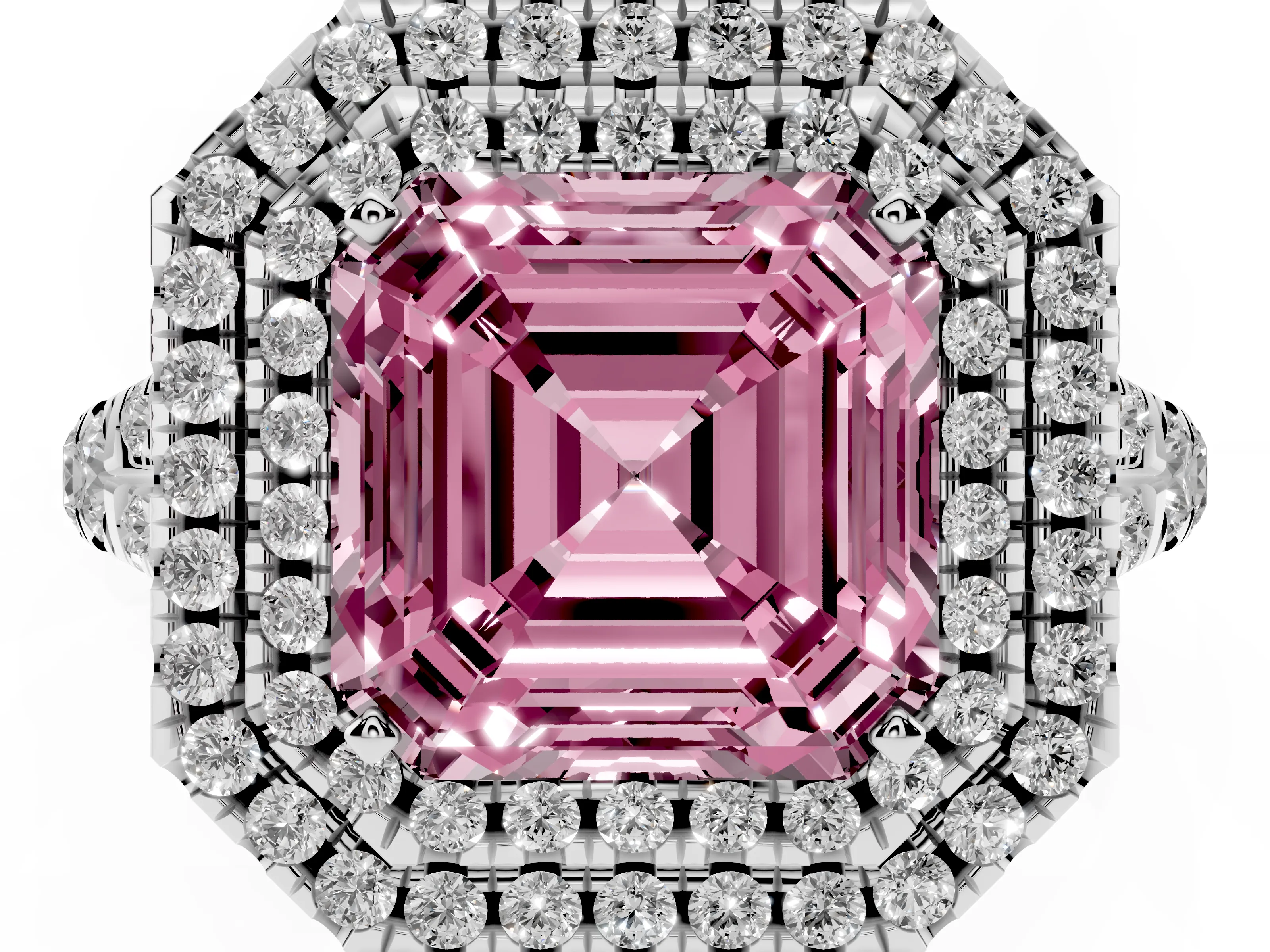 Fancy Pink Asscher Cut Diamond Pavé Split Shank Double Halo Engagement Ring Set in Silver