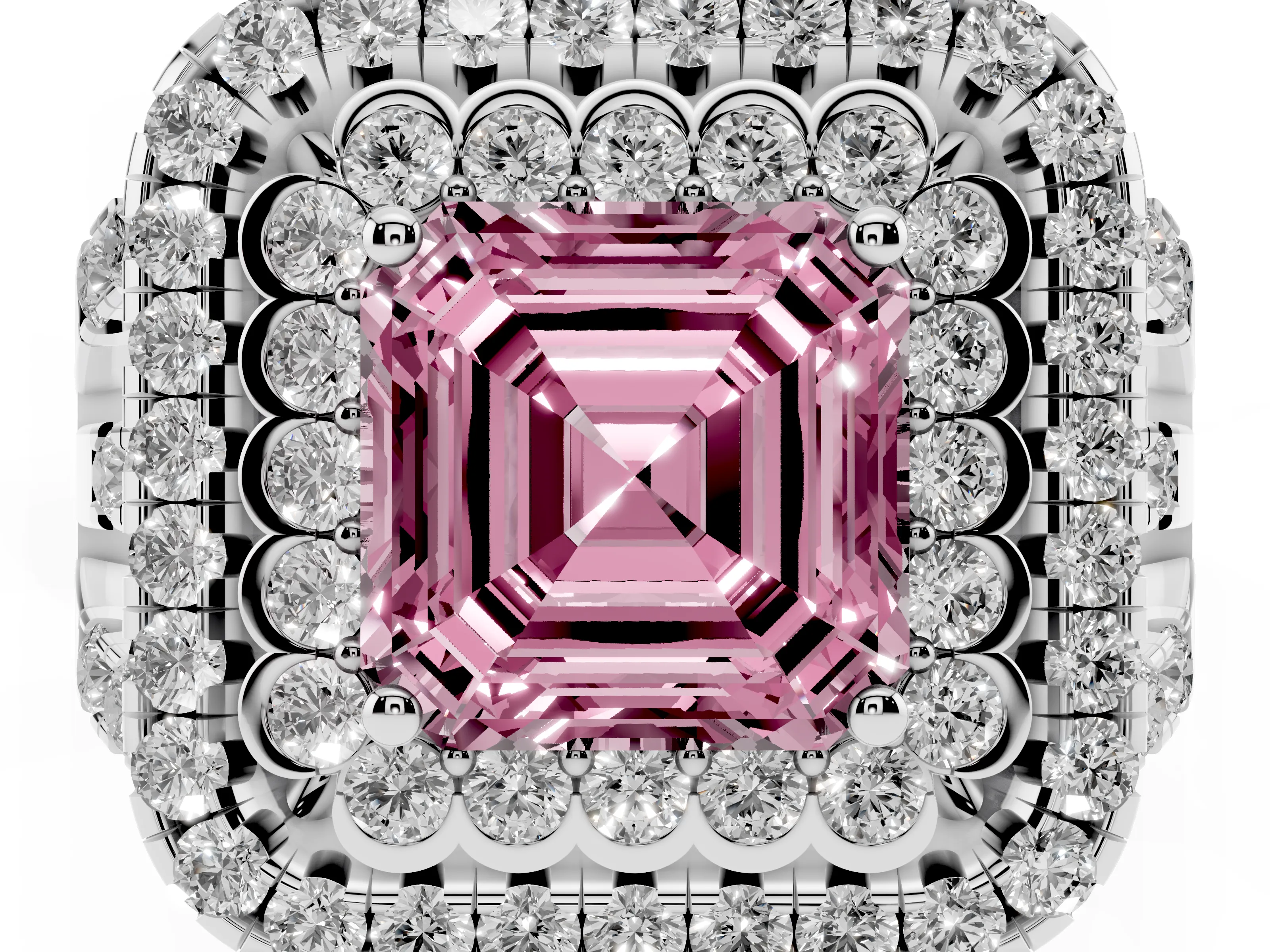 Fancy Pink Asscher Cut Diamond Double Halo Ring Set in White gold with Round Pavé Split Shank