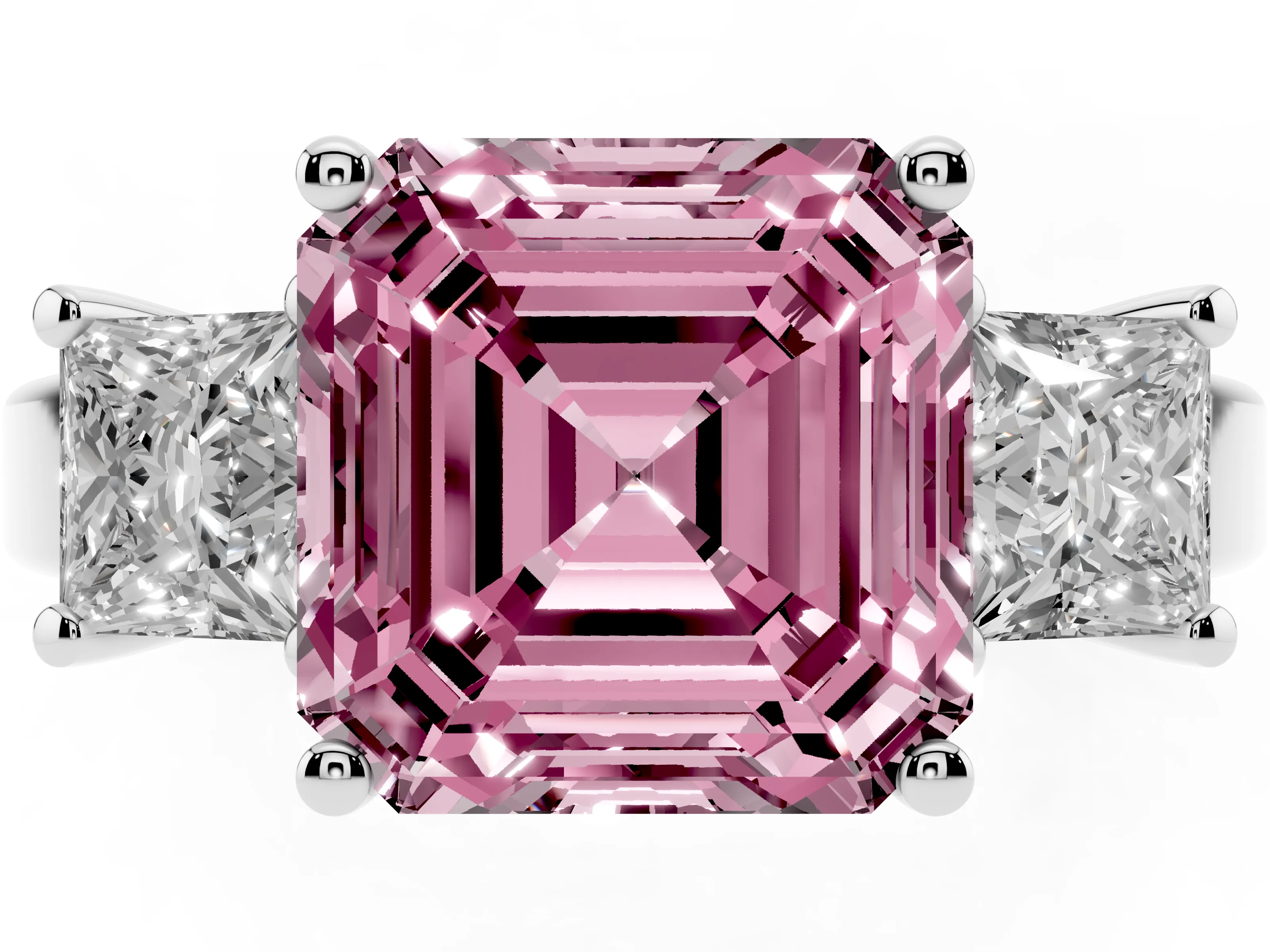Fancy Pink Three-Stone Asscher Cut Diamond Solitaire Ring Set in Silver with Prong Setting