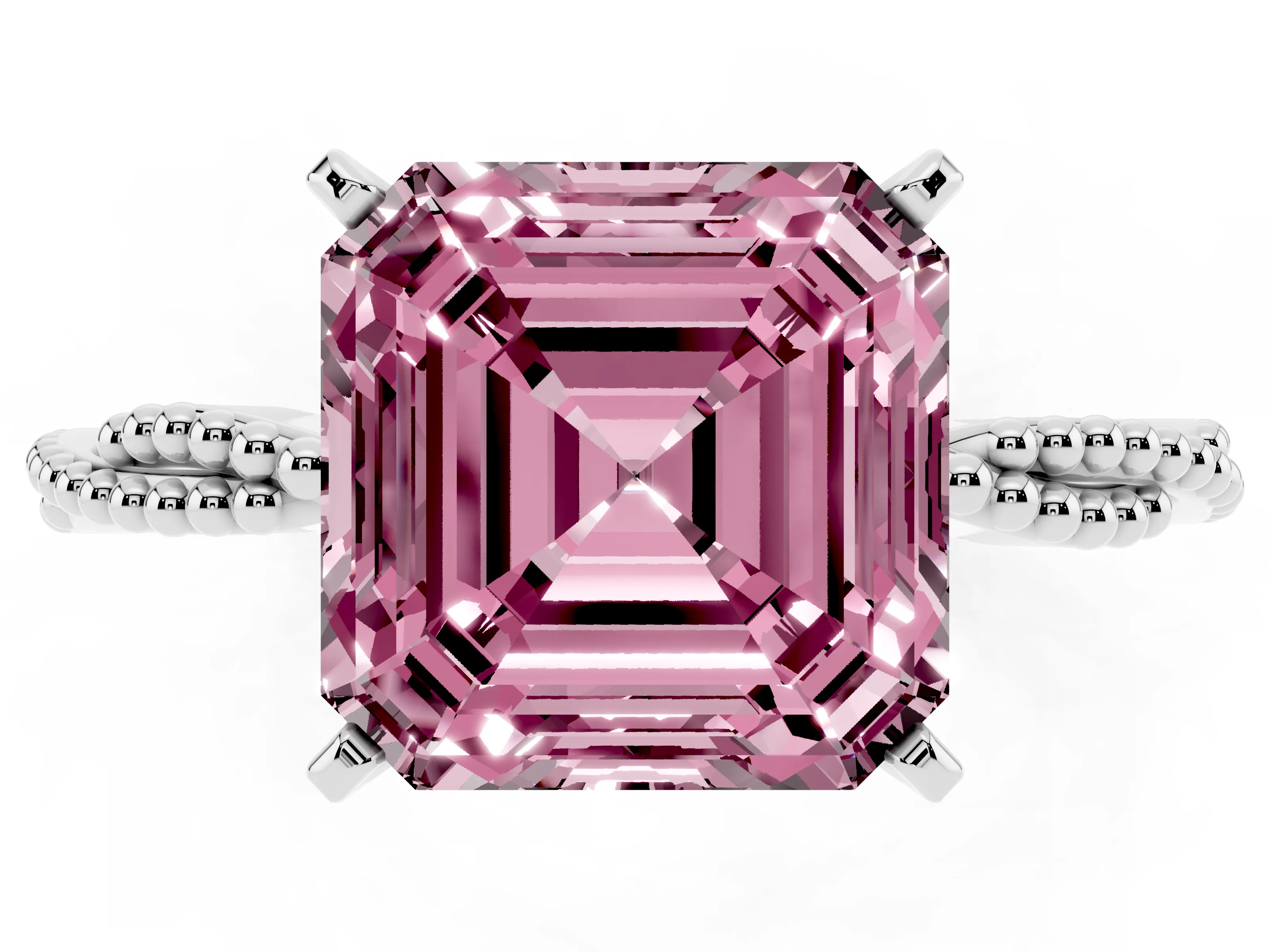 Fancy Pink Asscher Cut Diamond Solitaire Ring Set in White gold with Twisted Band and Bead Prong Setting