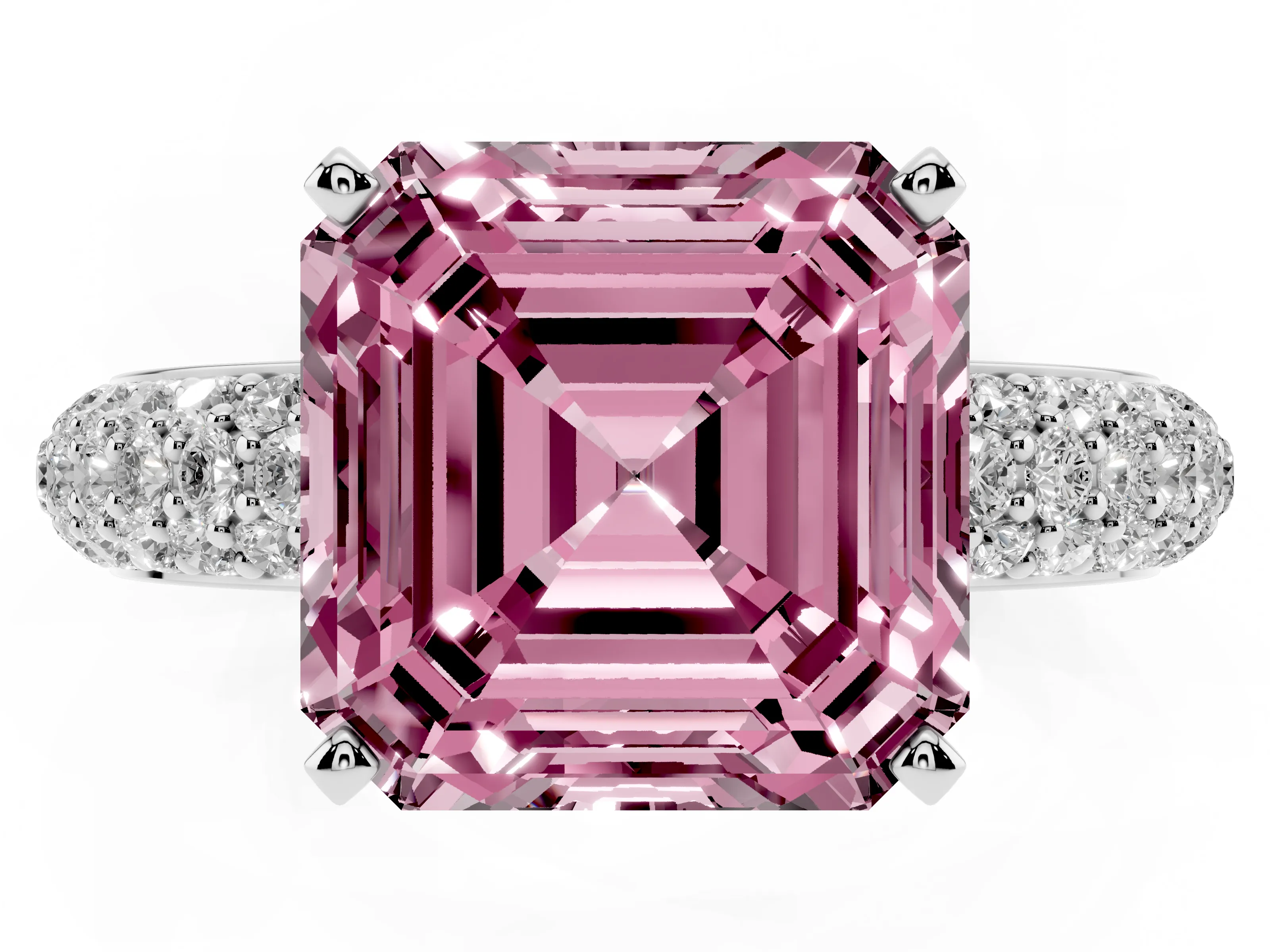 Fancy Pink Asscher Cut Diamond Solitaire Ring Set in Silver with Prong Setting and Pavé-Set Band