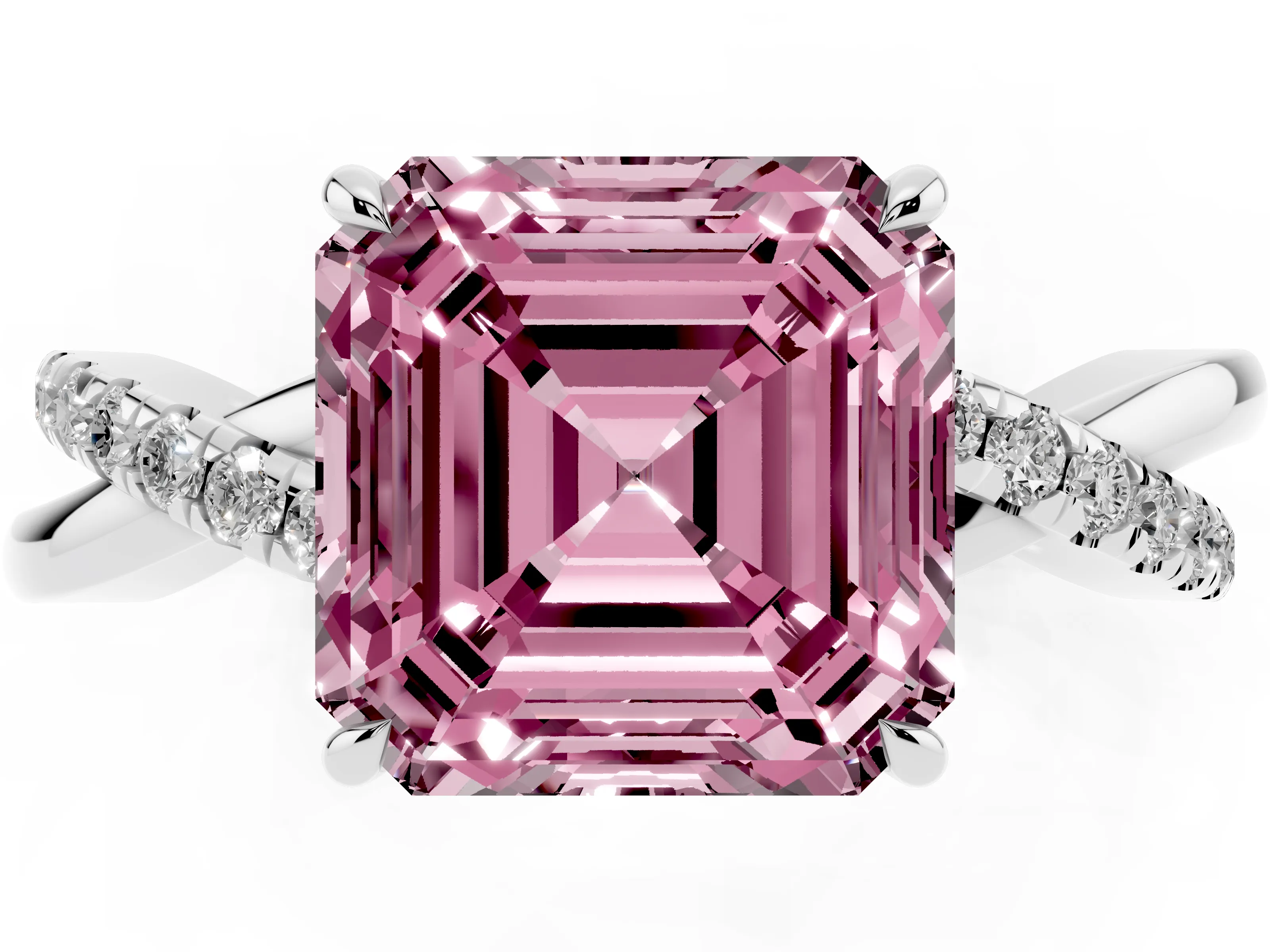 Fancy Pink Asscher Cut Diamond Twisted Pavé Band Ring Set in White gold with Prong Setting