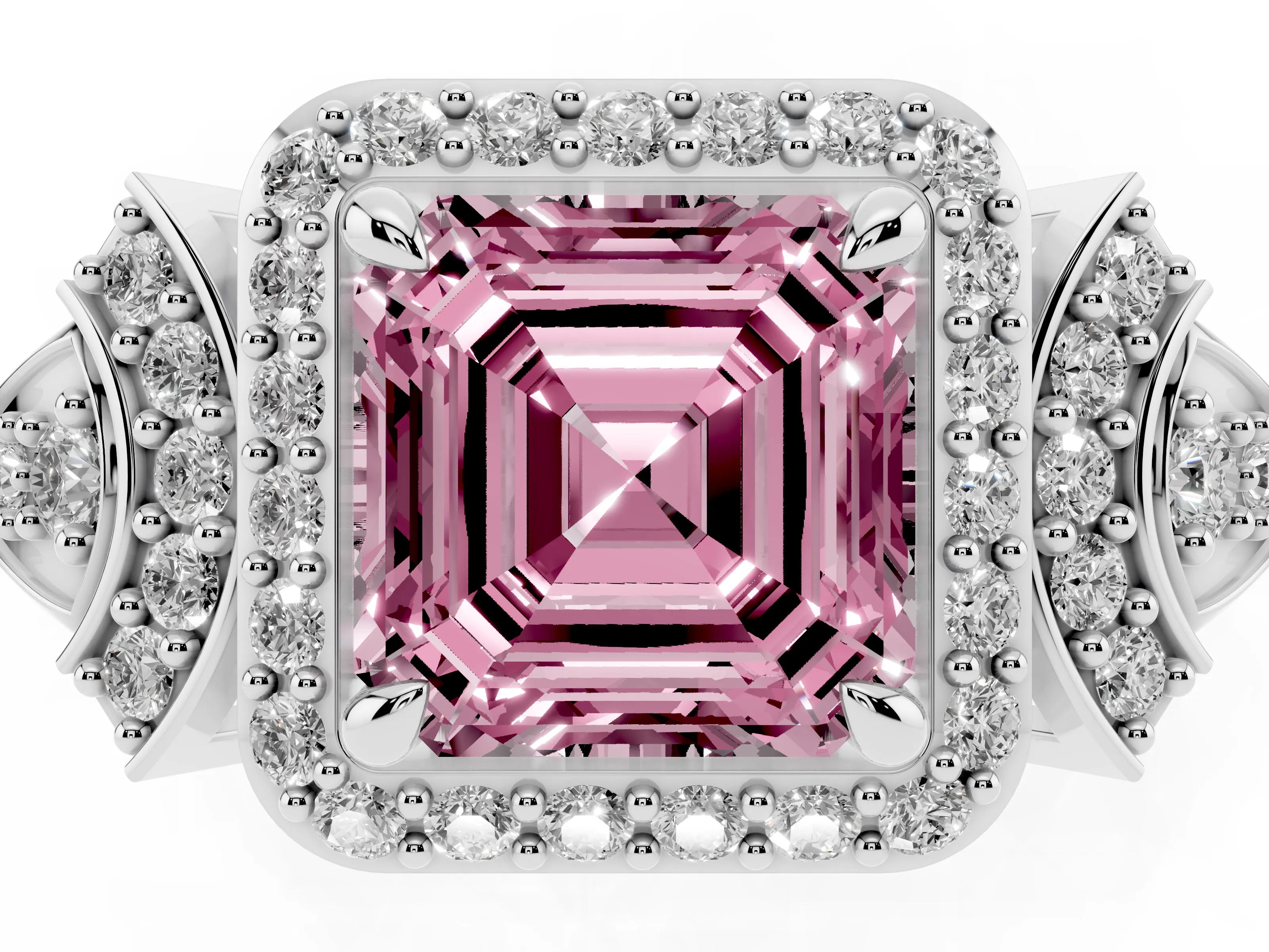 Fancy Pink Asscher Cut Diamond Halo Engagement Ring Set in Platinum with Accent Stone Split Shank