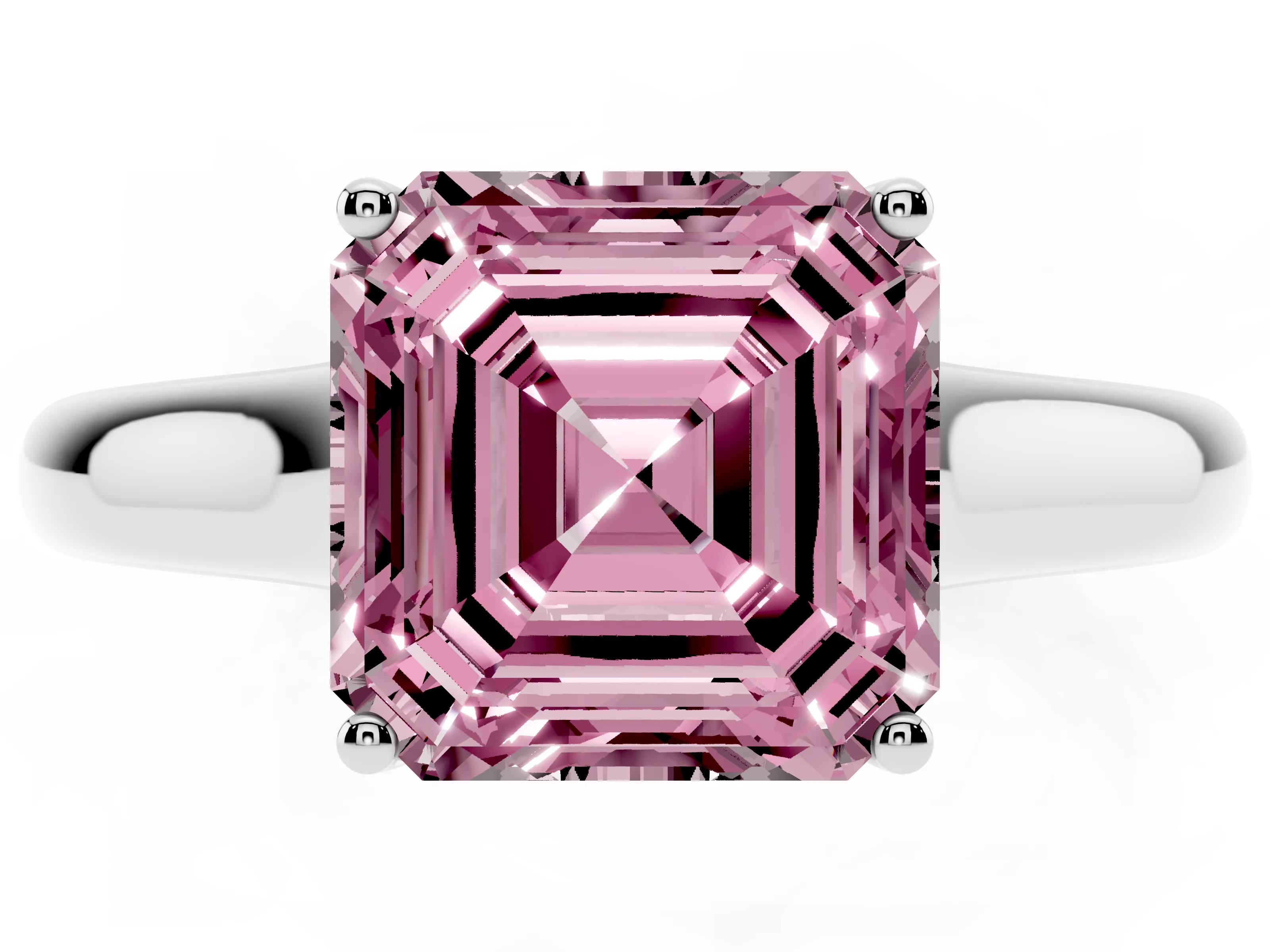 Fancy Pink Asscher Cut Diamond Solitaire Engagement Ring Set in Silver with Subtly Tapered Band and Prong Setting