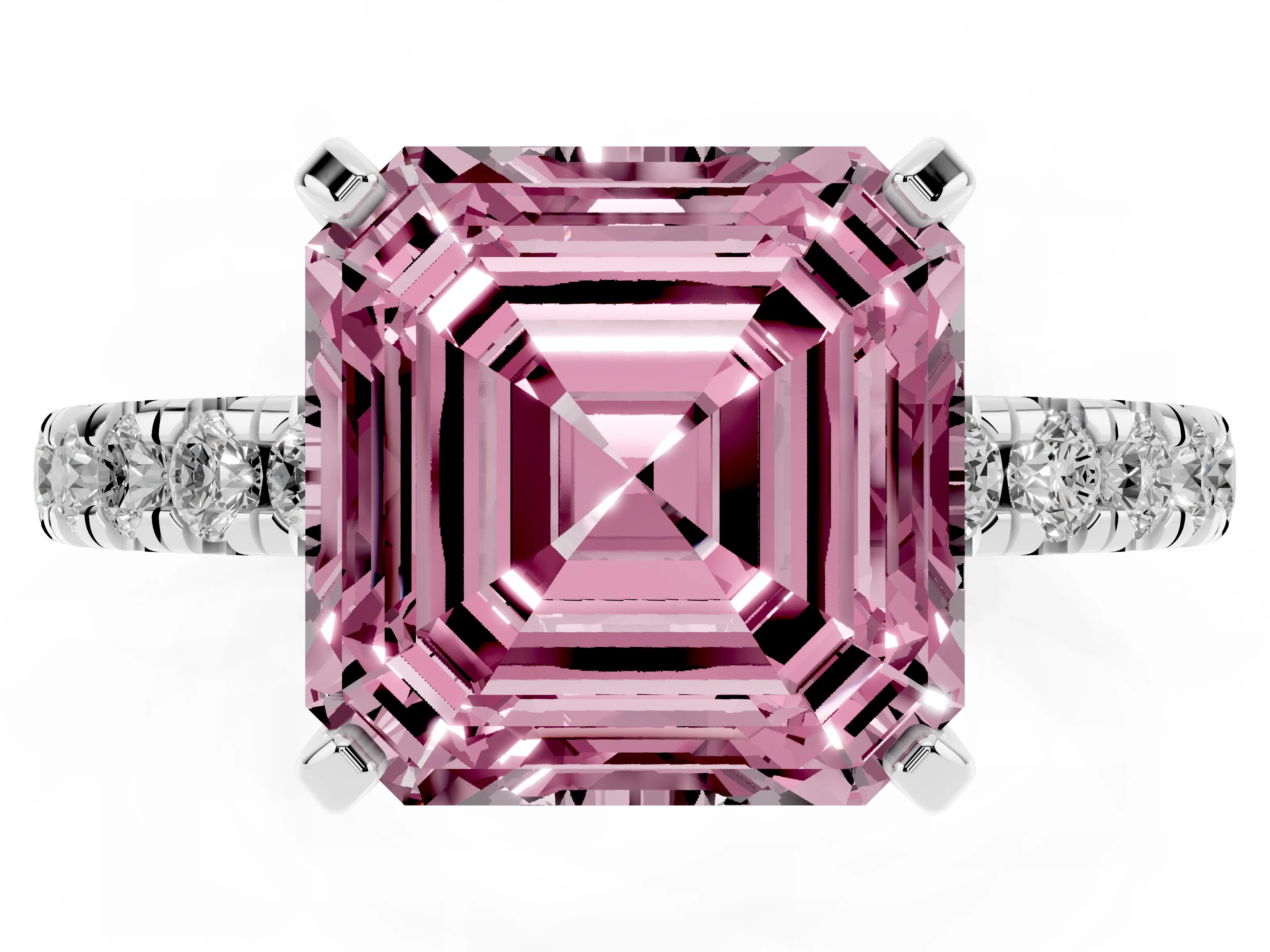 Fancy Pink Asscher Cut Diamond Pavé Solitaire Ring Set in Silver with Round Band and Prong Setting