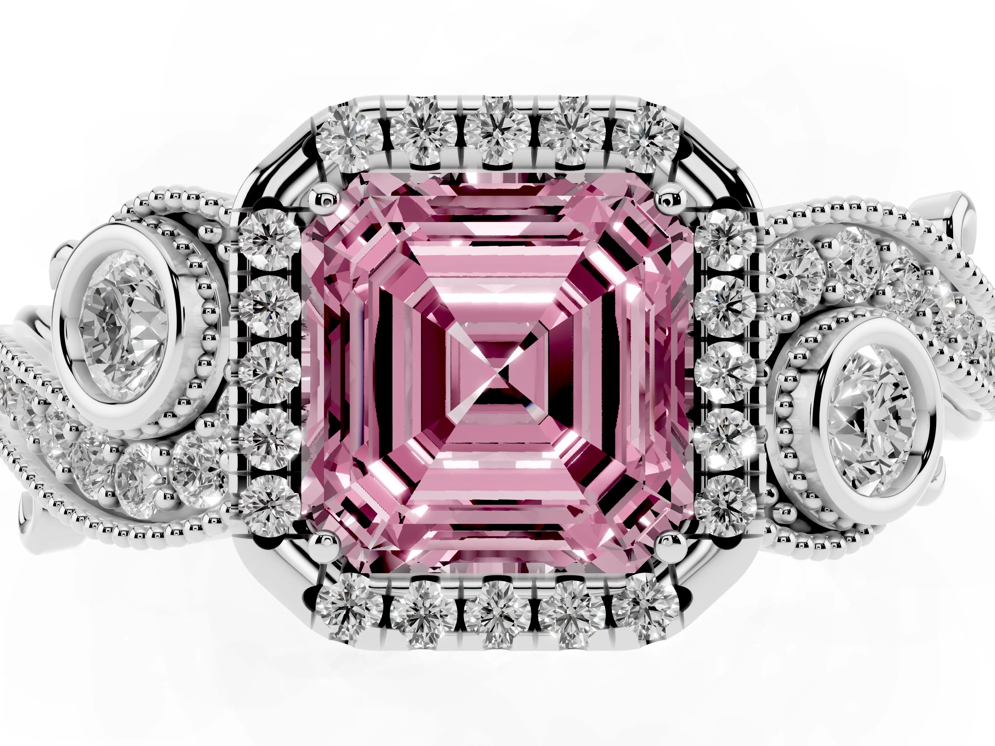 Fancy Pink Asscher Cut Diamond Halo Ring Set in Silver with Milgrain Pavé Band and Prong Setting