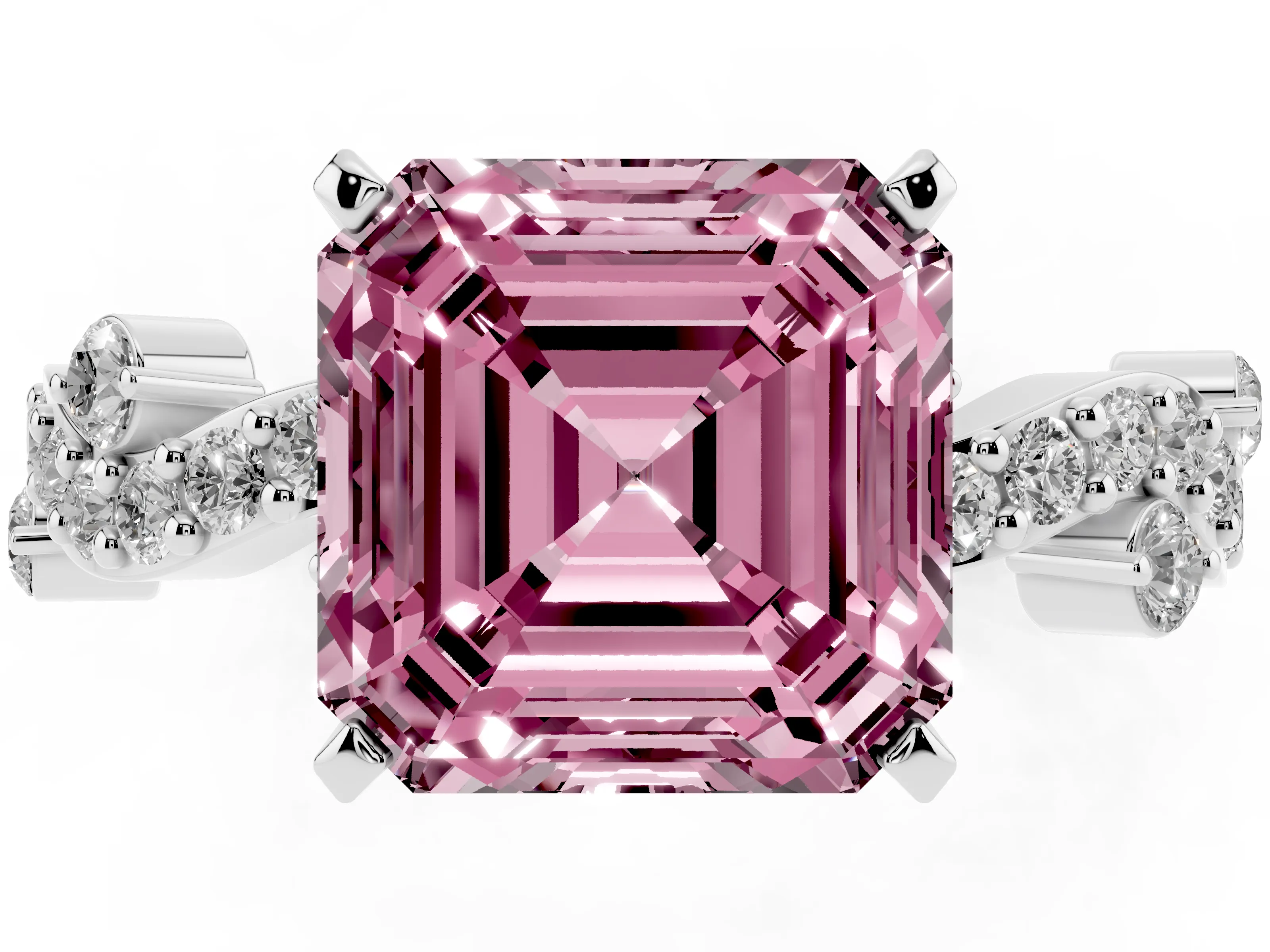 Fancy Pink Asscher Cut Diamond Solitaire Twisted Band Set in Silver with Pavé Setting