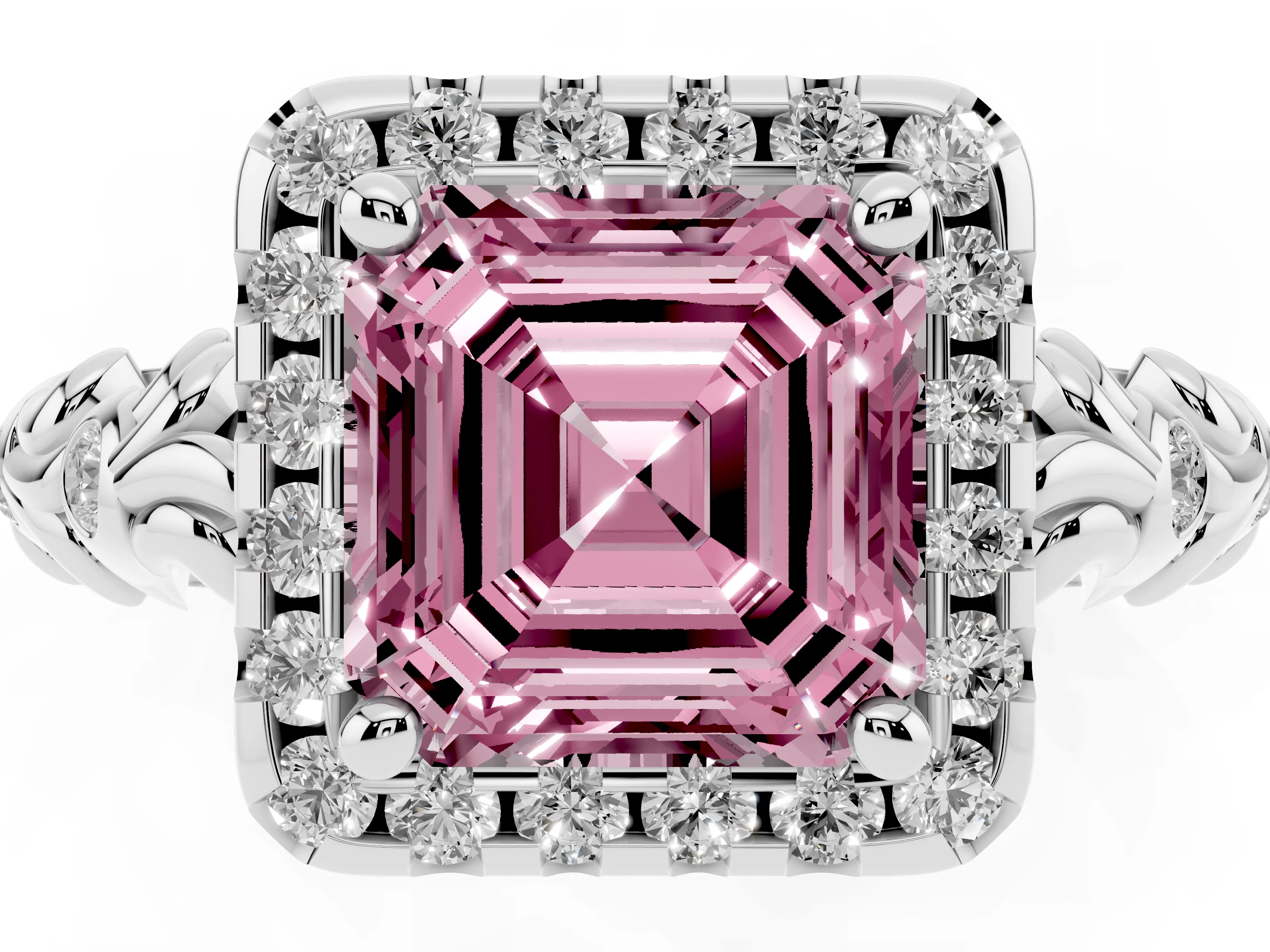 Fancy Pink Asscher Cut Diamond Halo Ring Set in Platinum with Filigree Leaf Band and Prong Setting