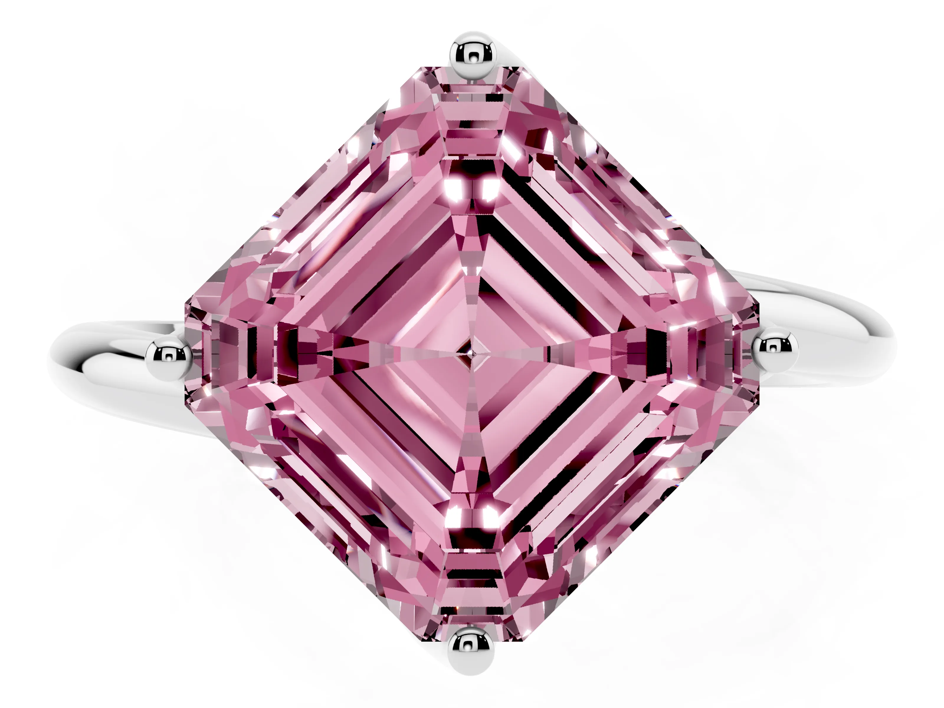 Fancy Pink Asscher Cut Diamond Solitaire Engagement Ring Set in White gold with Classic Plain Band