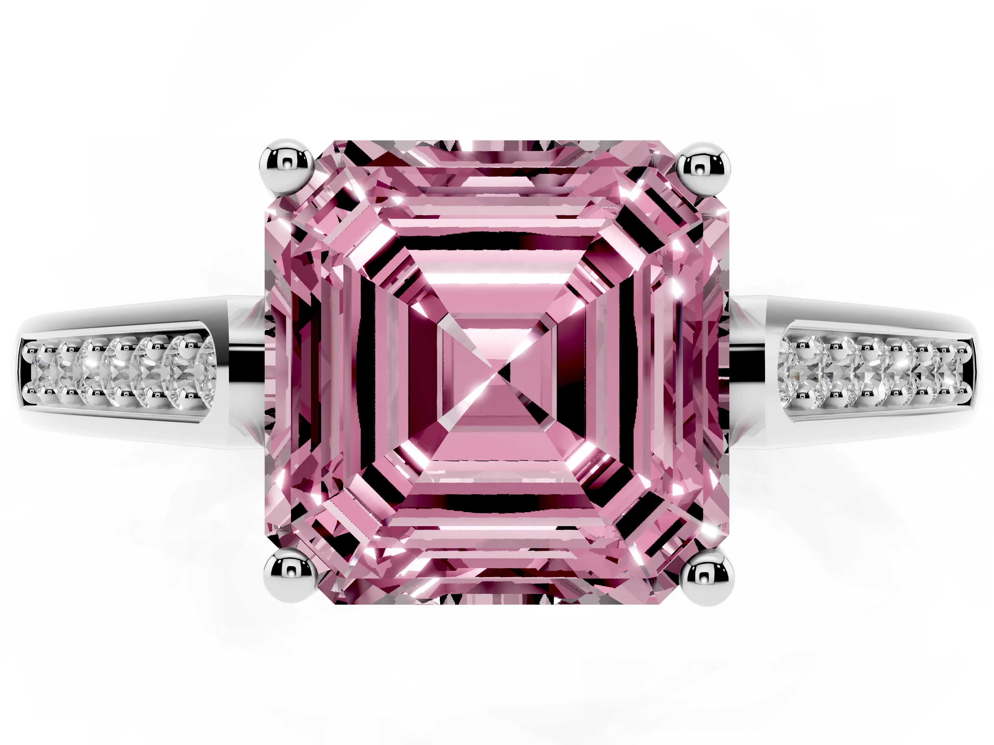 Fancy Pink Asscher Cut Diamond Solitaire Cathedral Engagement Ring Set in White gold with Channel-Set Band and Prong Setting