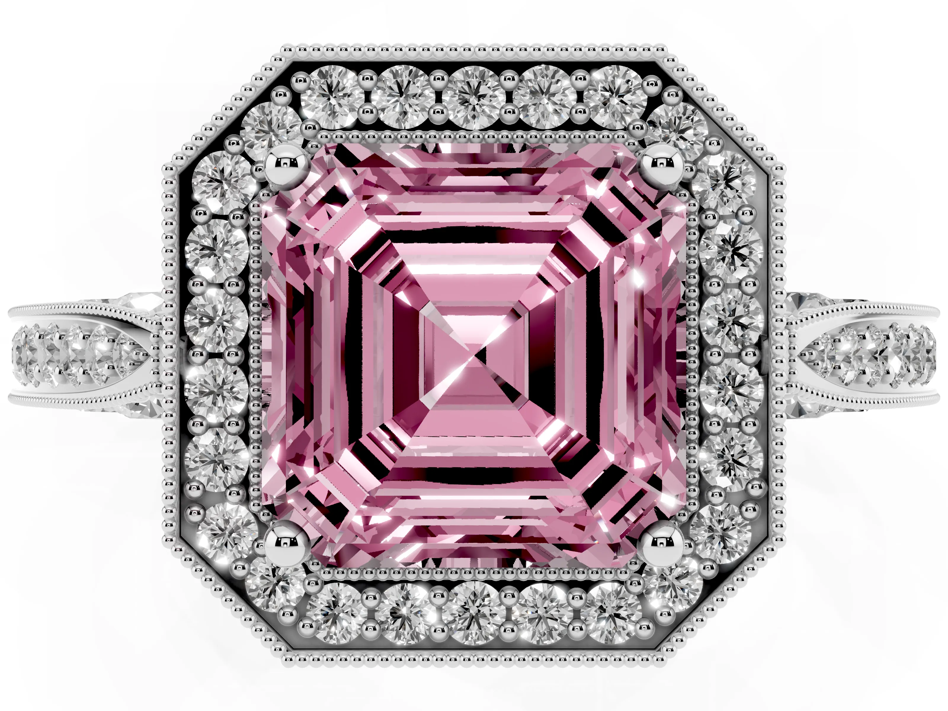 Fancy Pink Asscher Cut Diamond Halo Engagement Ring Set in Silver with Accent Split Shank Band