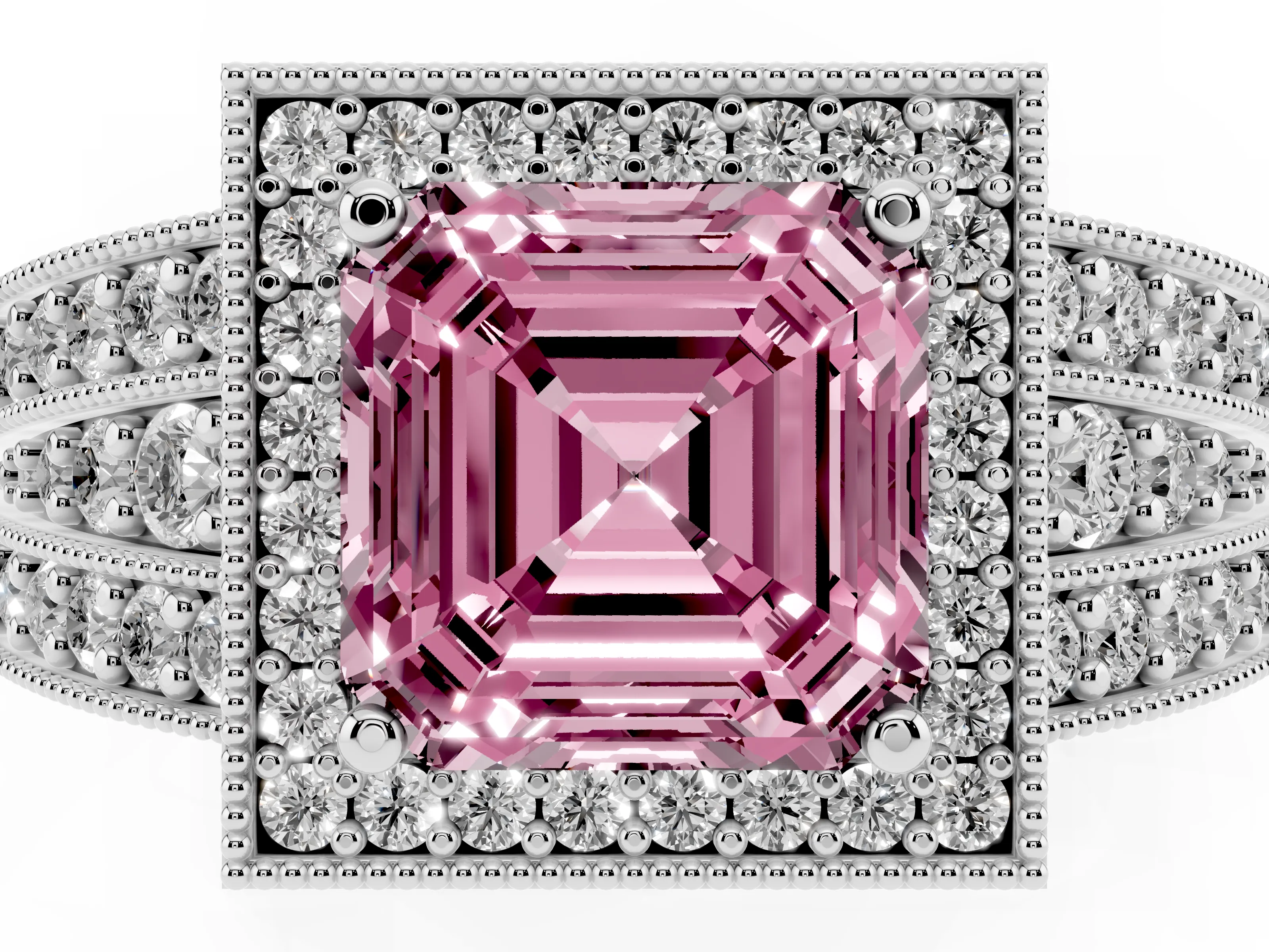 Fancy Pink Asscher Cut Diamond Halo Ring Set in Silver with Accent Split Shank and Prong Setting