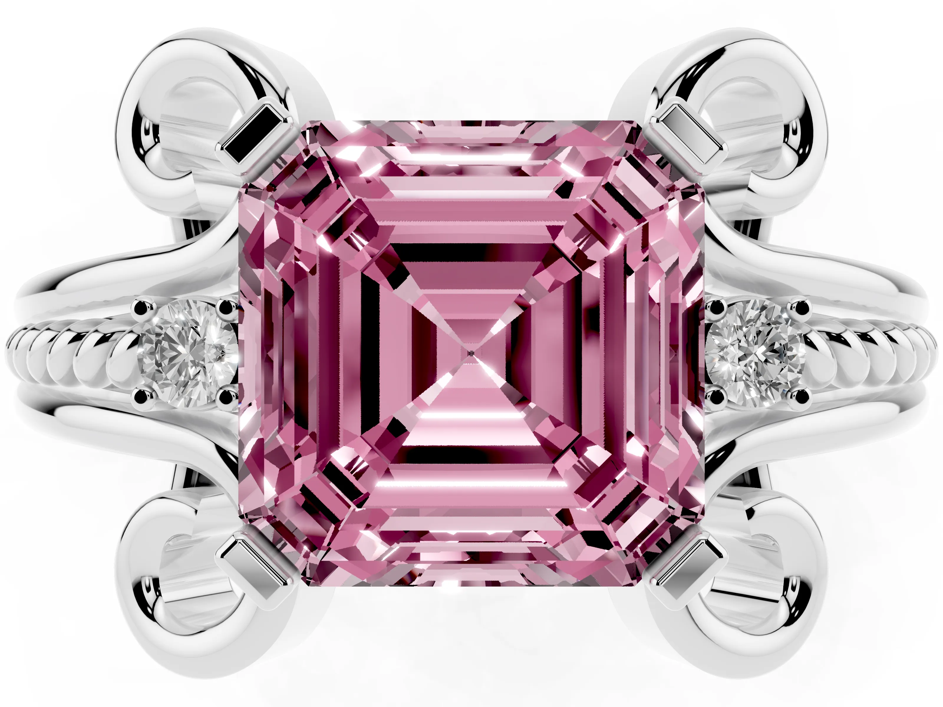 Fancy Pink Asscher Cut Diamond Twisted Band Solitaire Ring Set in Platinum with Scroll Prongs