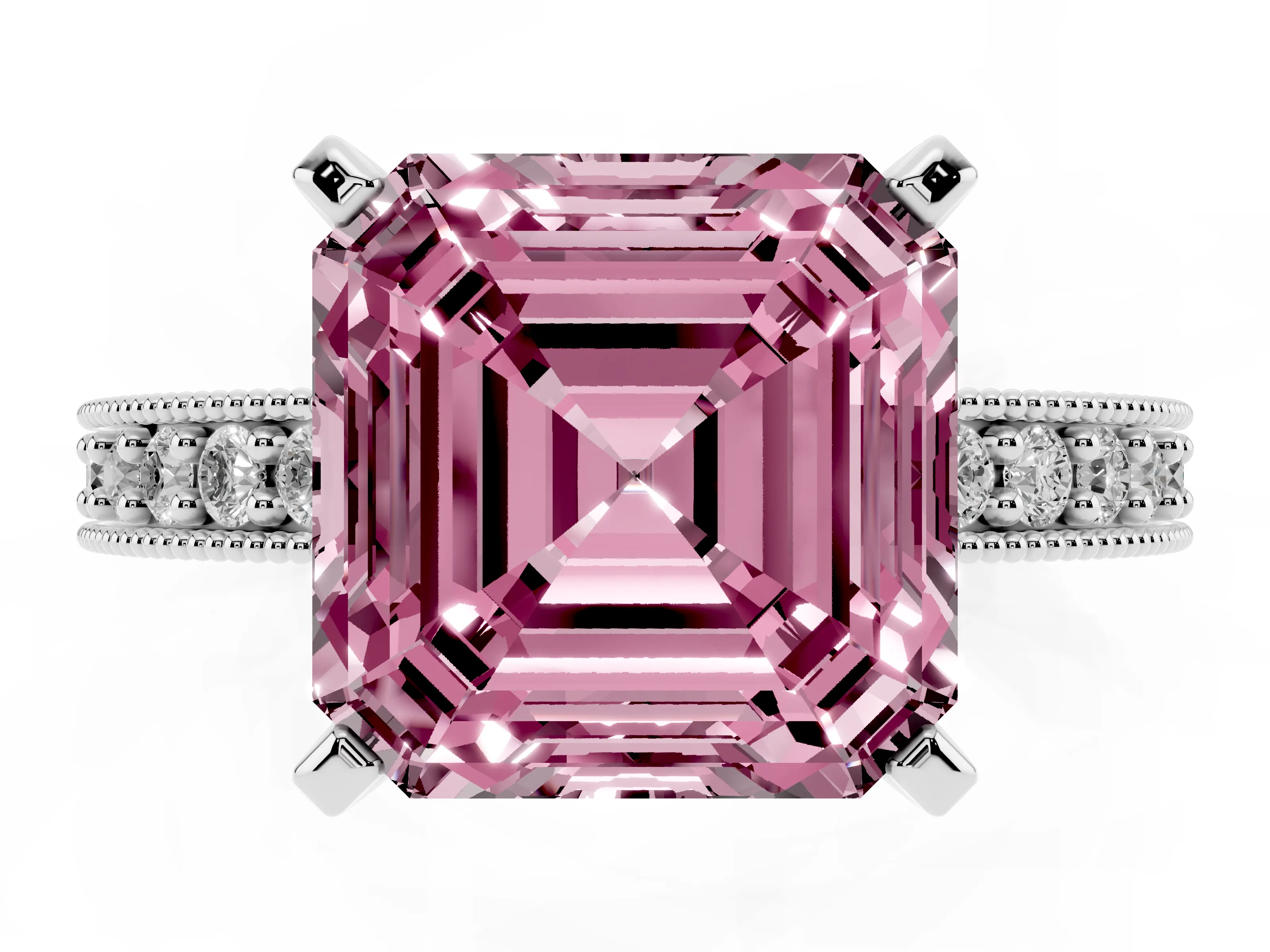 Fancy Pink Asscher Cut Diamond Milgrain Pavé Engagement Ring Set in Platinum with Prong Setting