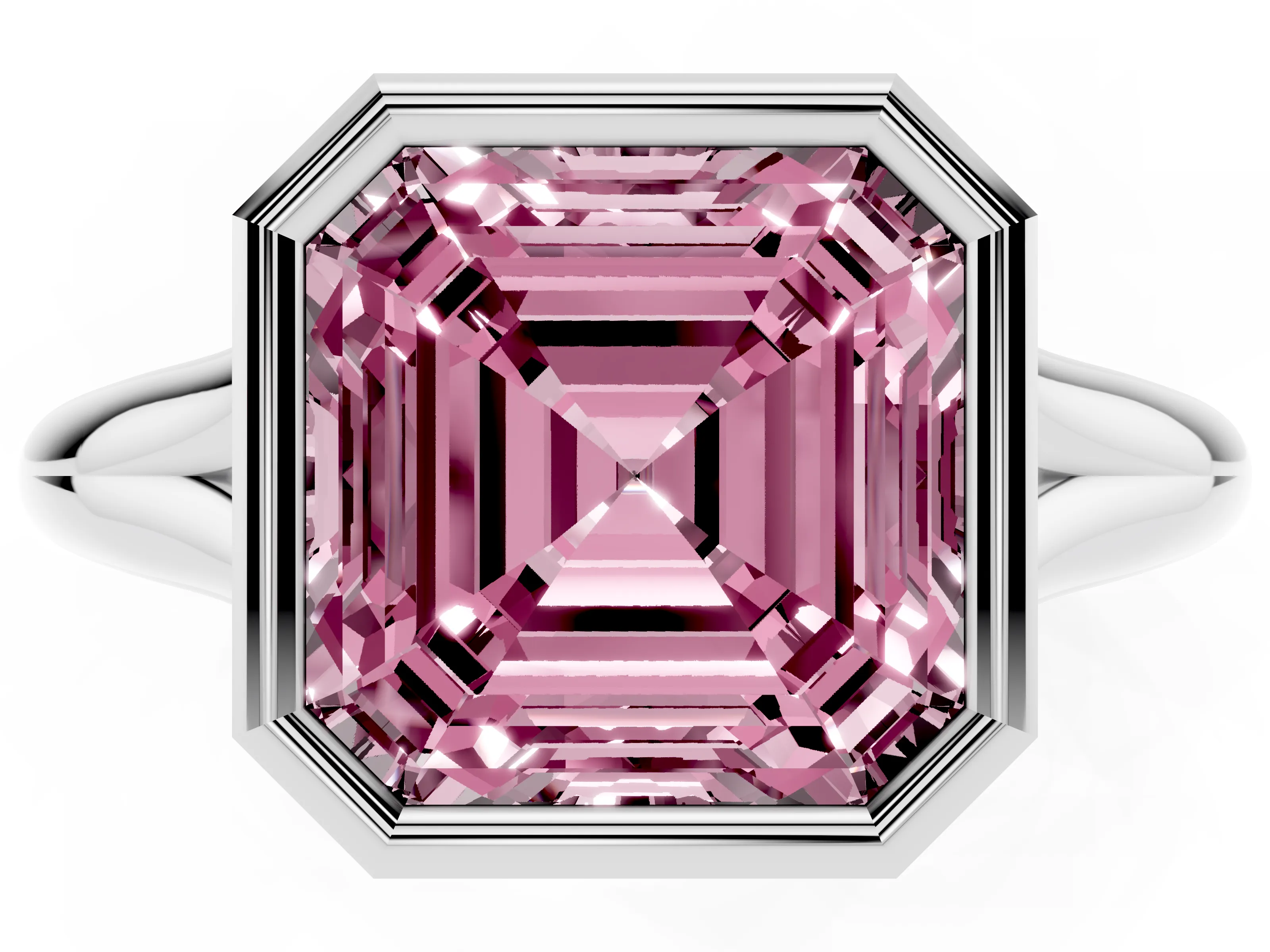 Fancy Pink Bezel Set Asscher Cut Diamond Solitaire Ring Set in Silver with Smooth Band