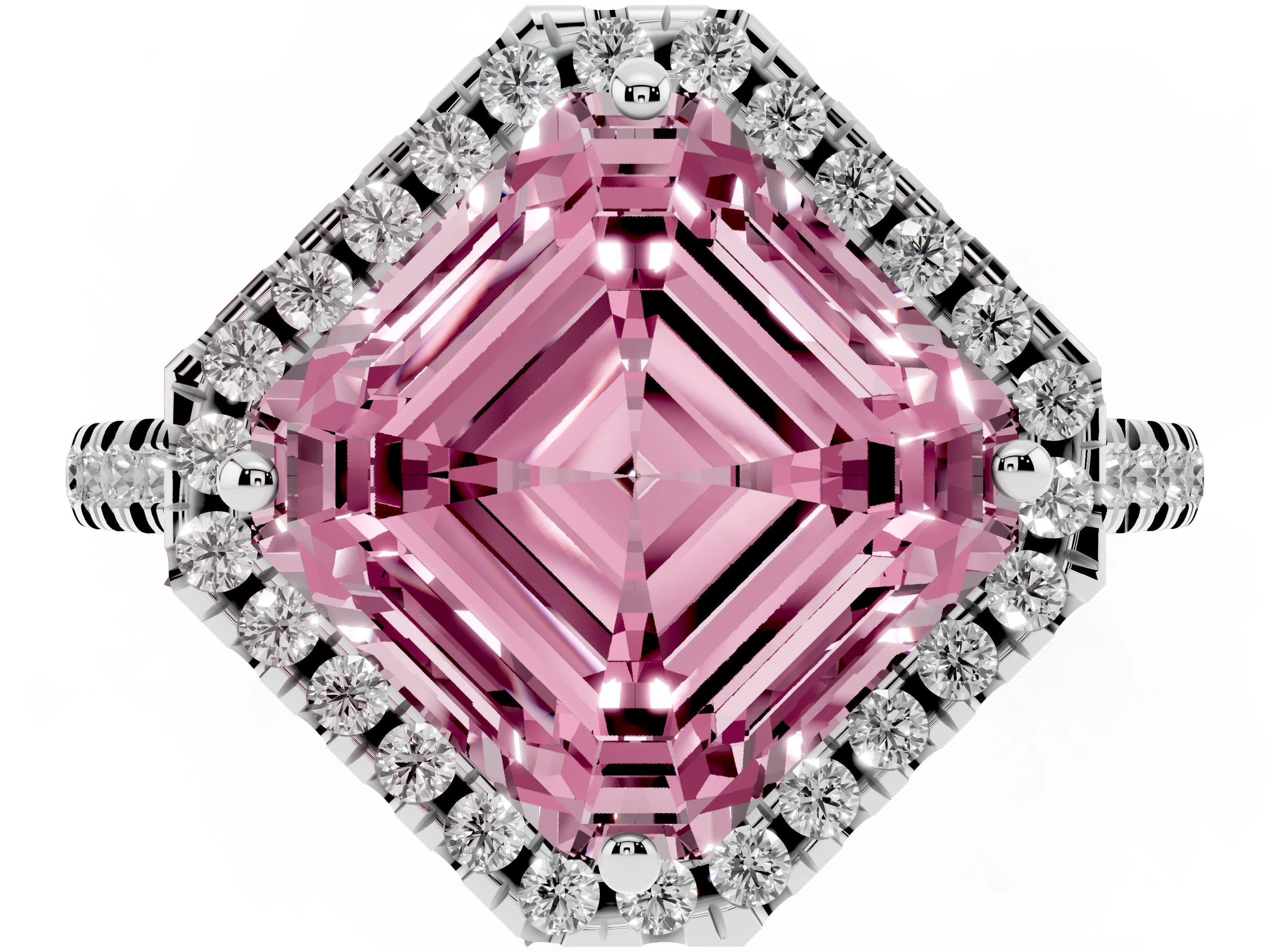 Fancy Pink Asscher Cut Diamond Cushion Halo Ring Set in White gold with Pavé Band