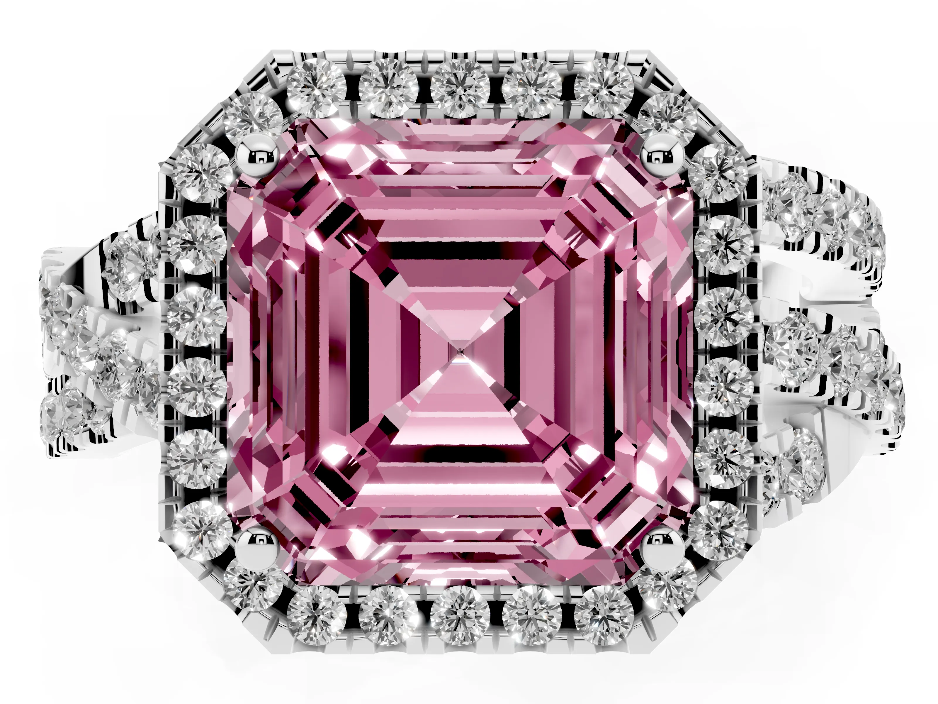 Fancy Pink Asscher Cut Diamond Halo Ring Set in Platinum with Round Crossover Split Shank and Prong Setting
