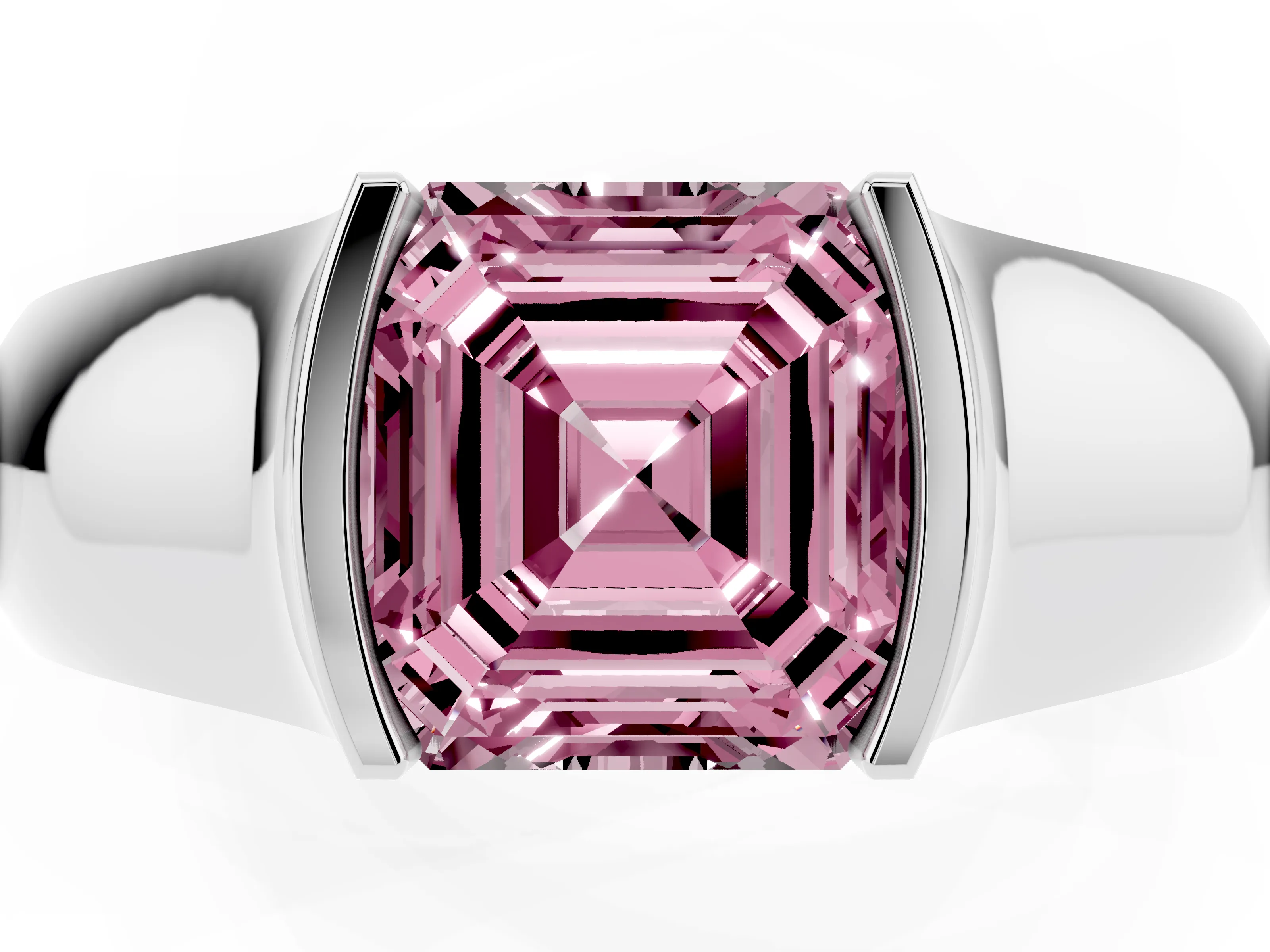 Fancy Pink Asscher Cut Diamond Bezel Solitaire Ring Set in White gold with Wide Band